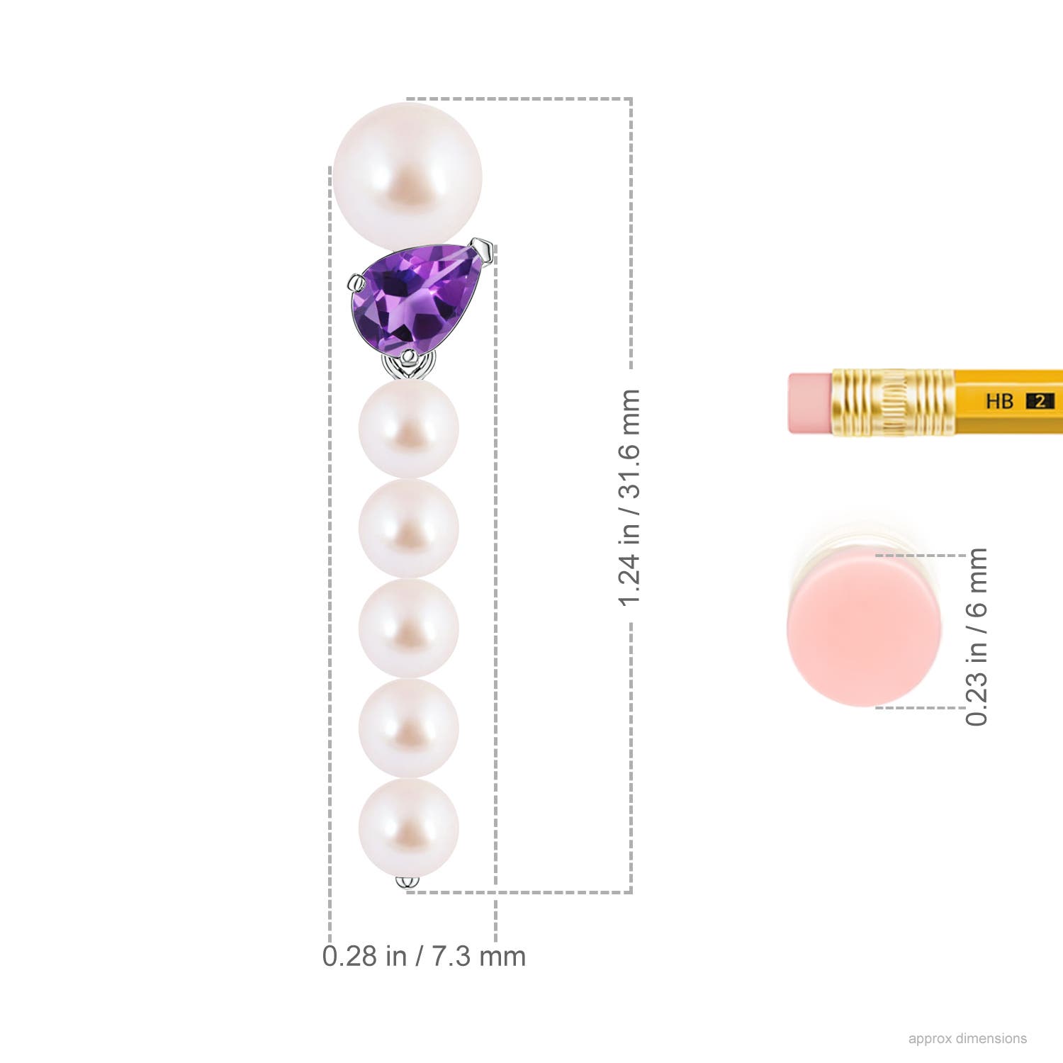 6mm AAA Akoya Pearl and Tilted Pear Amethyst Dangle Earrings in White Gold - ruler
