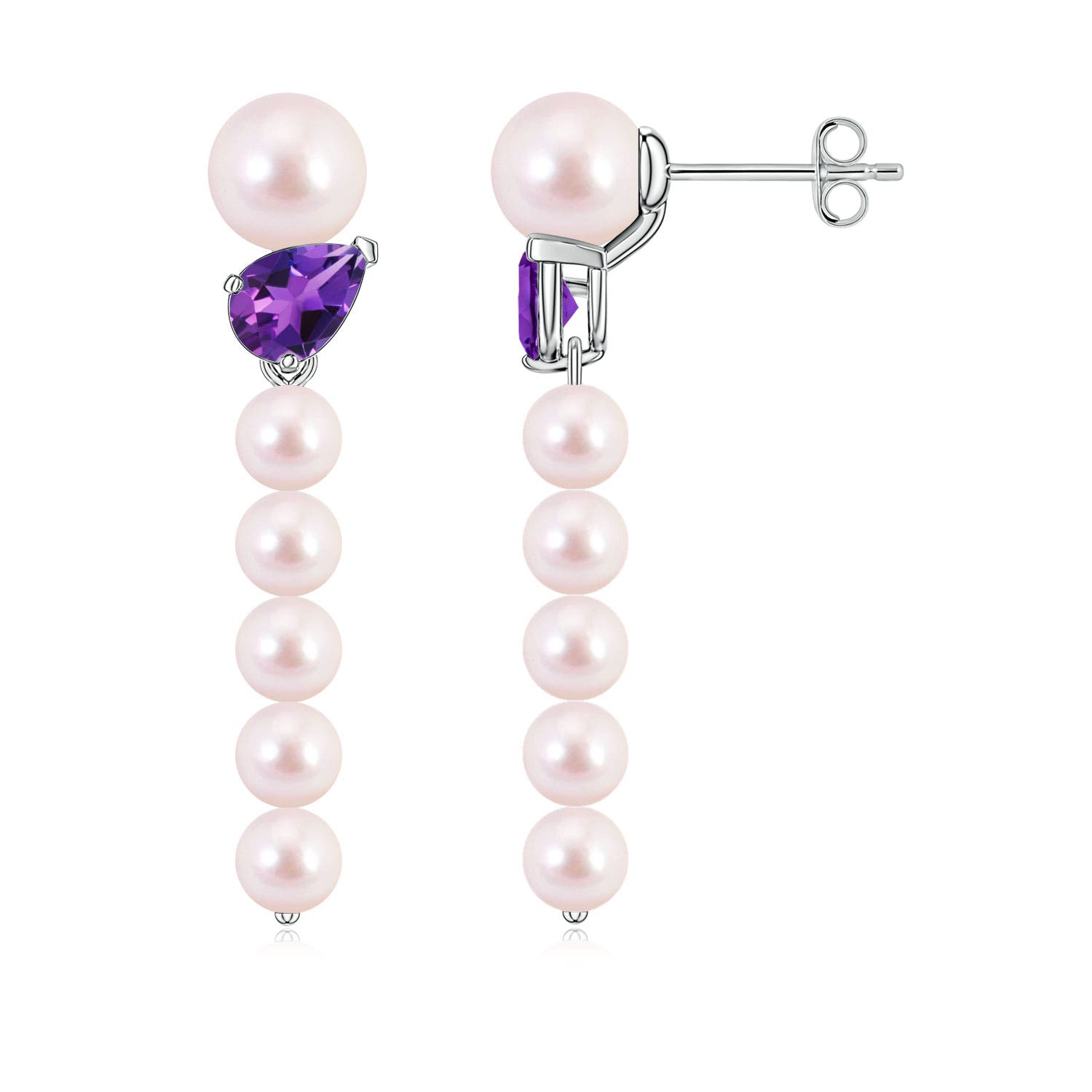 6mm AAAA Akoya Pearl and Tilted Pear Amethyst Dangle Earrings in White Gold
