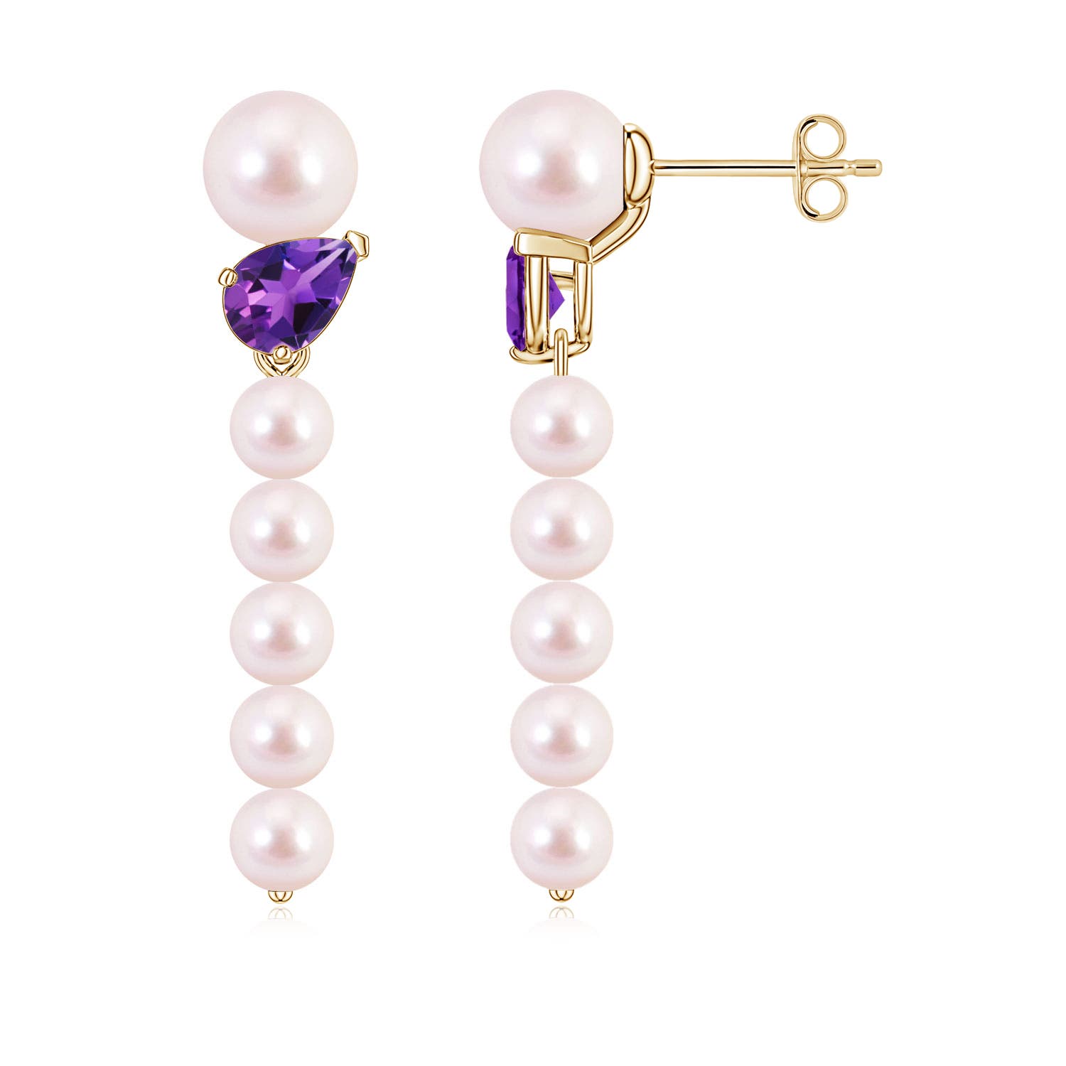6mm AAAA Akoya Pearl and Tilted Pear Amethyst Dangle Earrings in Yellow Gold