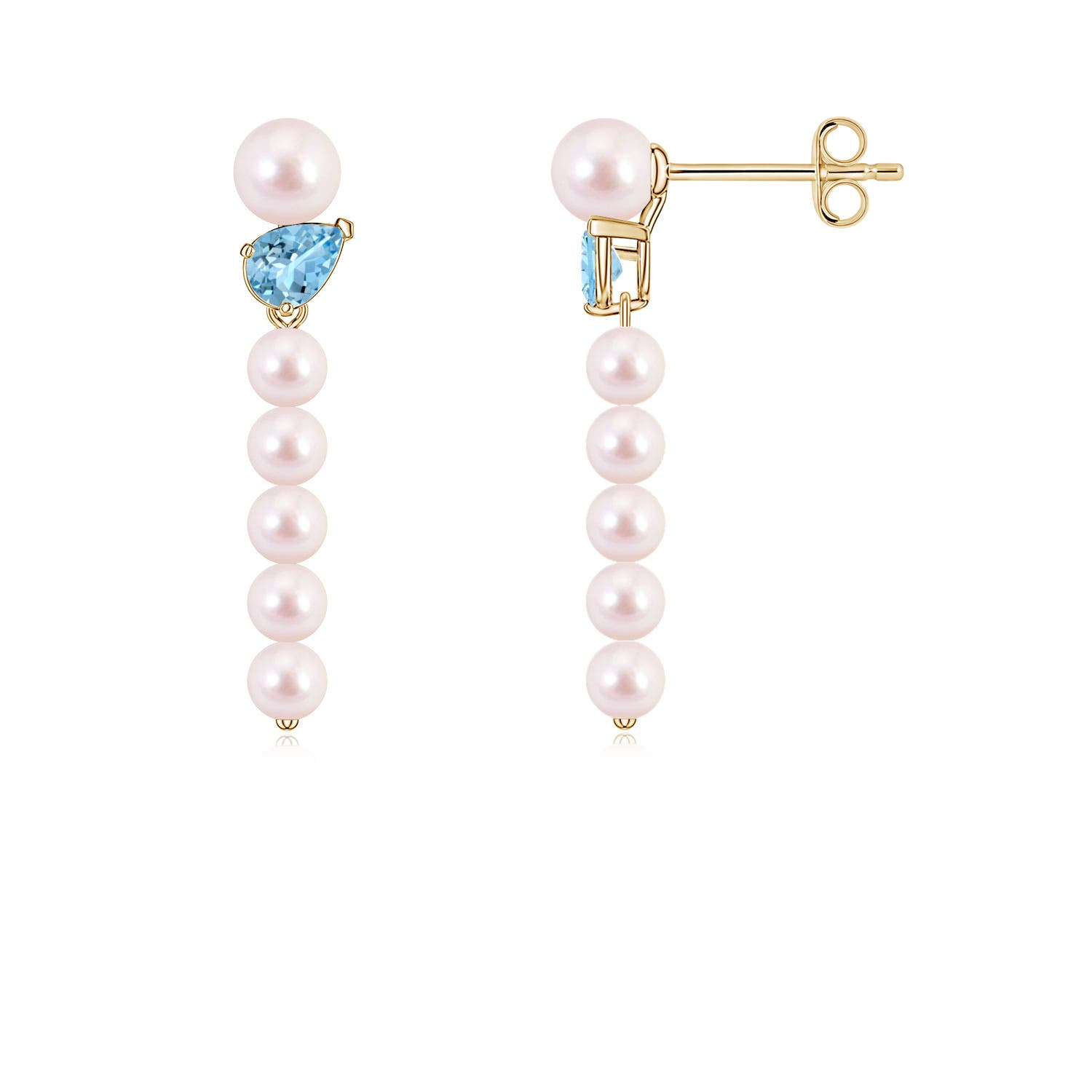 4mm AAAA Akoya Pearl and Tilted Pear Aquamarine Dangle Earrings in Yellow Gold