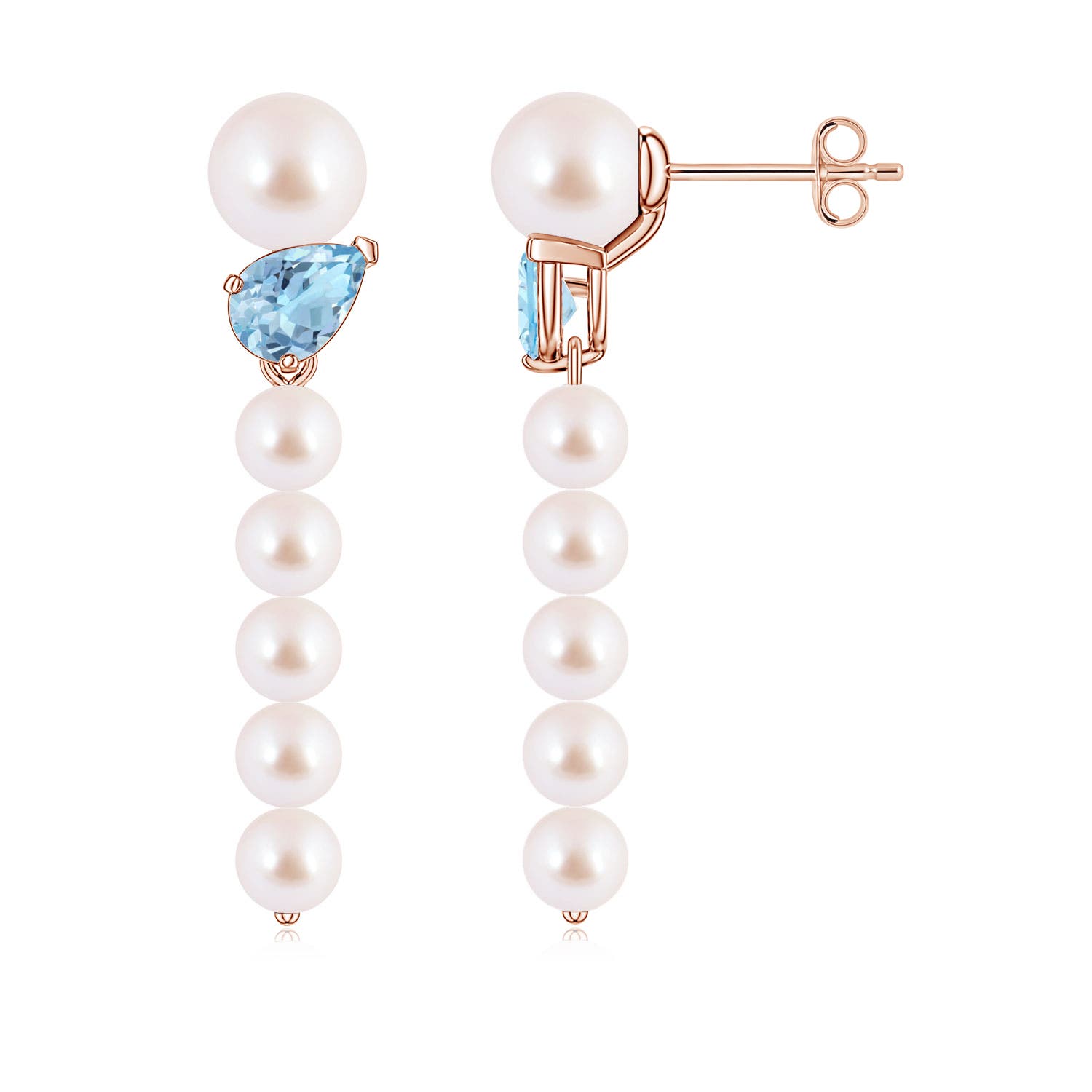 6mm AAA Akoya Pearl and Tilted Pear Aquamarine Dangle Earrings in 18K Rose Gold