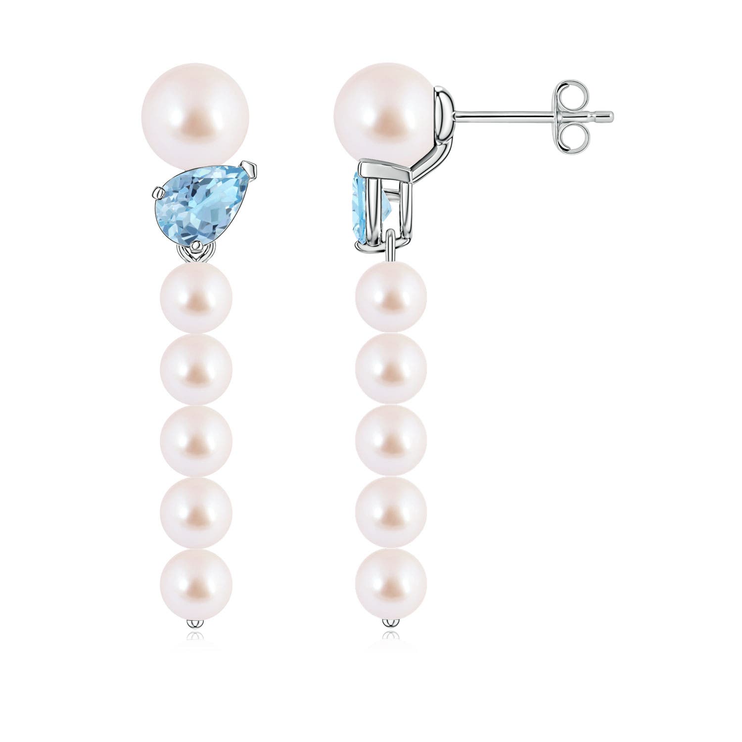 6mm AAA Akoya Pearl and Tilted Pear Aquamarine Dangle Earrings in White Gold