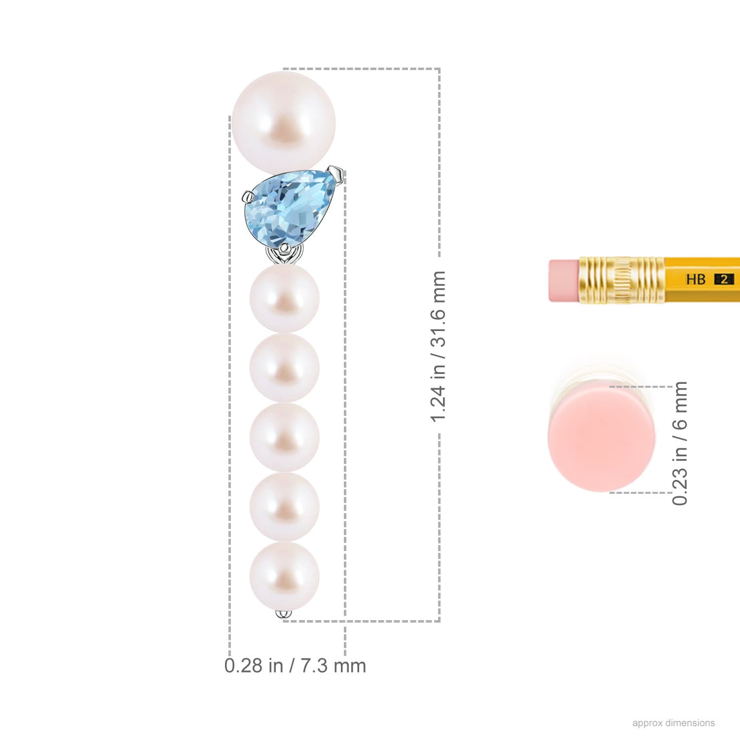 6mm AAA Akoya Pearl and Tilted Pear Aquamarine Dangle Earrings in White Gold - ruler