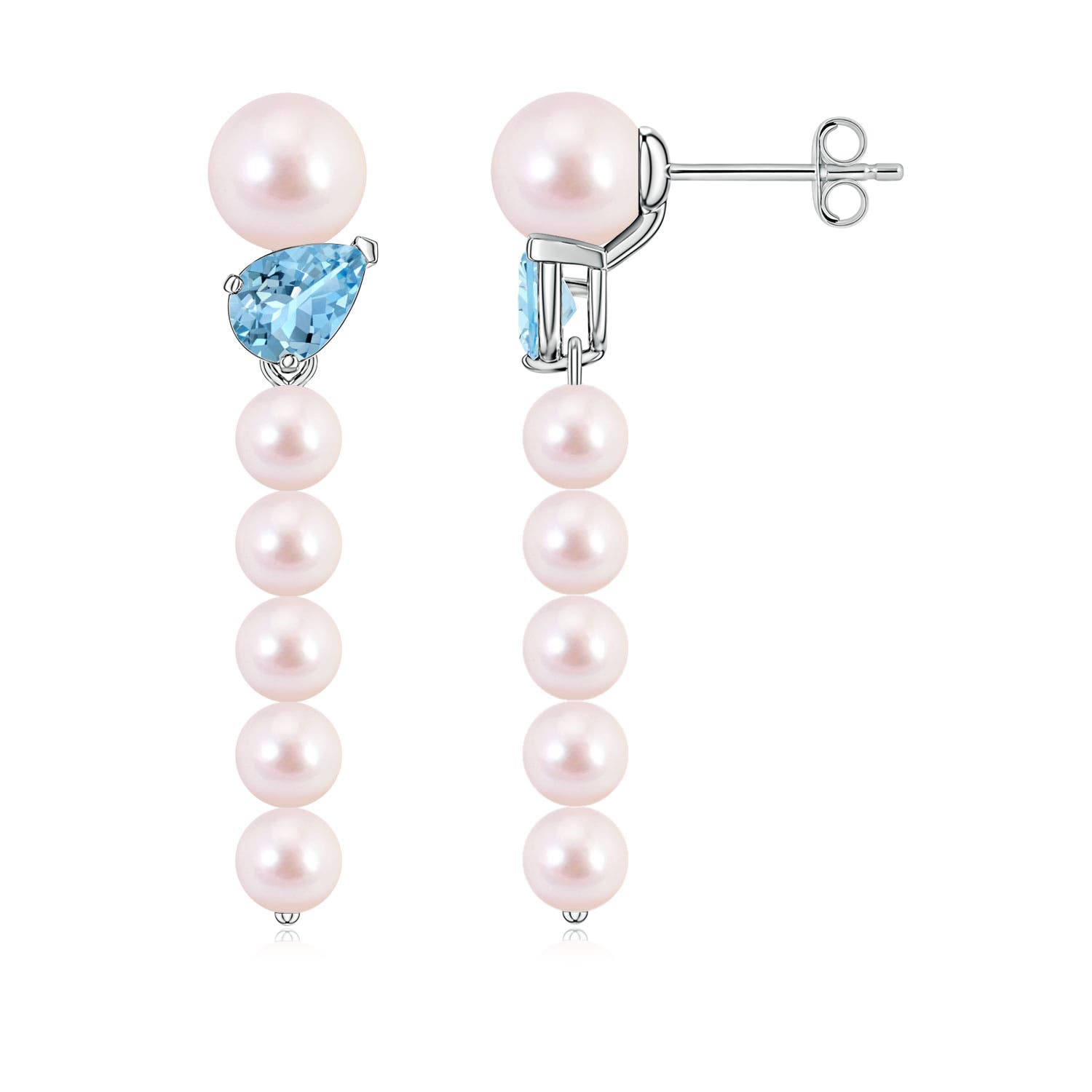 6mm AAAA Akoya Pearl and Tilted Pear Aquamarine Dangle Earrings in White Gold