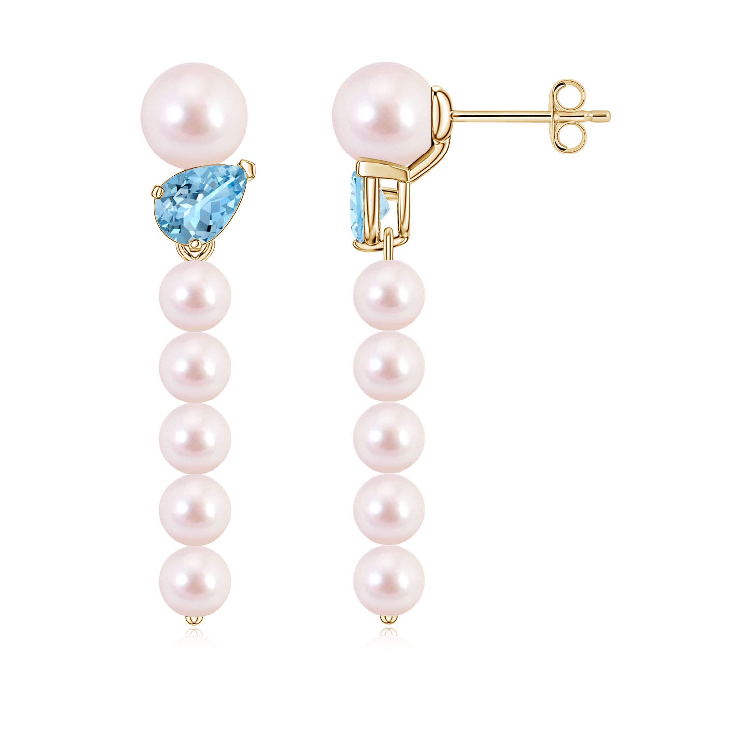 6mm AAAA Akoya Pearl and Tilted Pear Aquamarine Dangle Earrings in Yellow Gold
