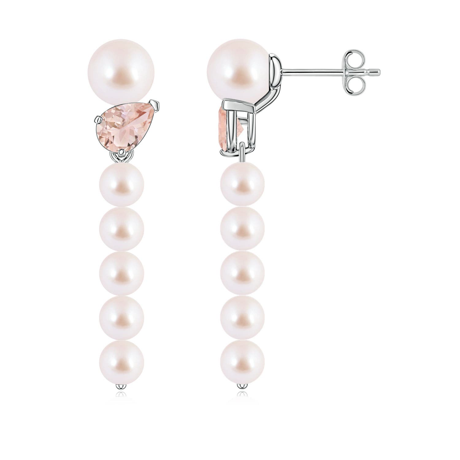 6mm AAA Akoya Pearl and Tilted Pear Morganite Dangle Earrings in White Gold