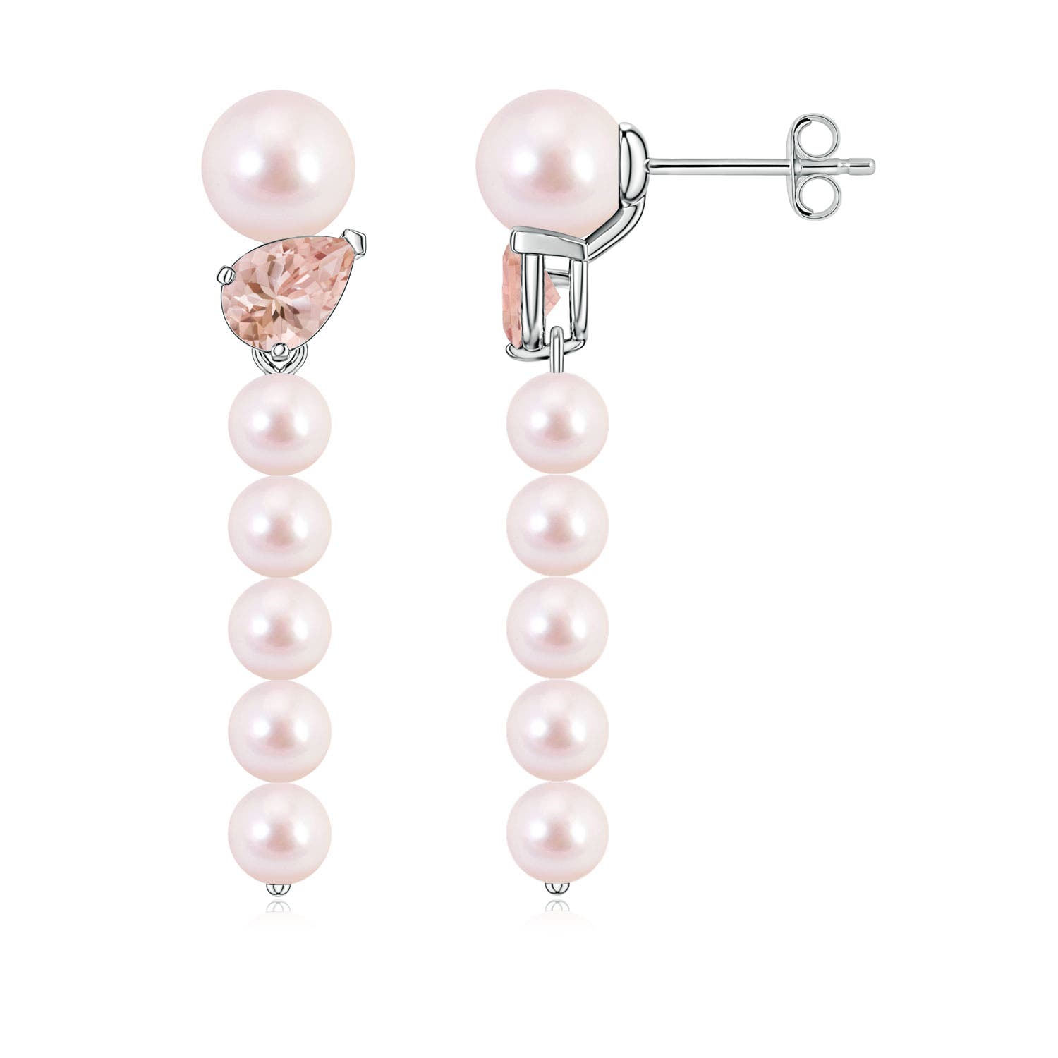 6mm AAAA Akoya Pearl and Tilted Pear Morganite Dangle Earrings in White Gold