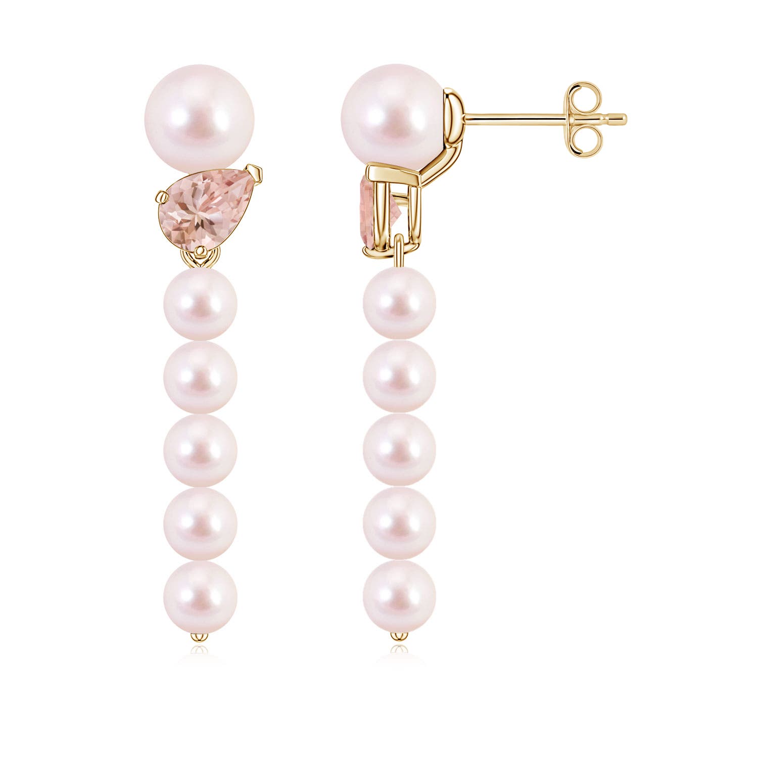 6mm AAAA Akoya Pearl and Tilted Pear Morganite Dangle Earrings in Yellow Gold
