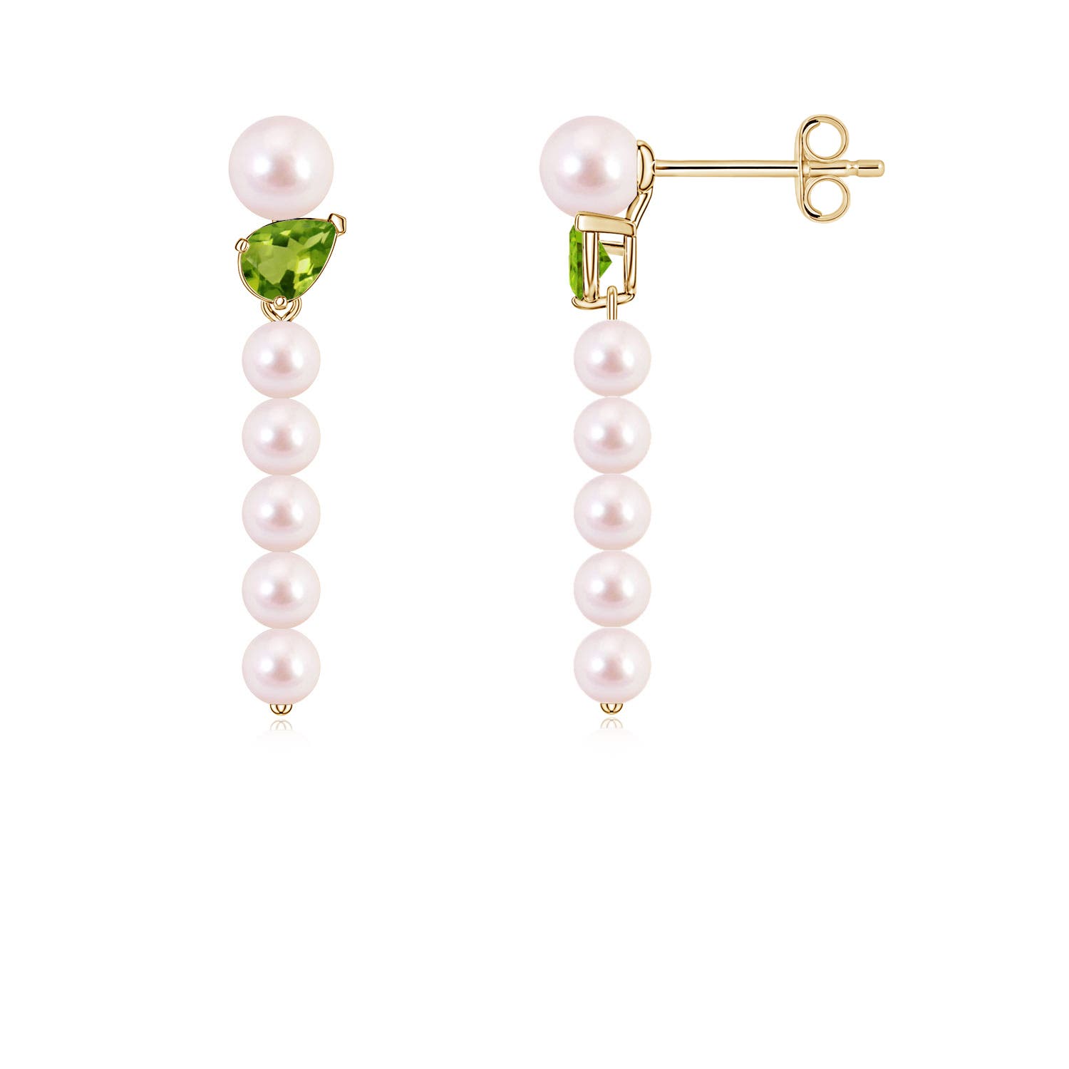 4mm AAAA Akoya Pearl and Tilted Pear Peridot Dangle Earrings in Yellow Gold