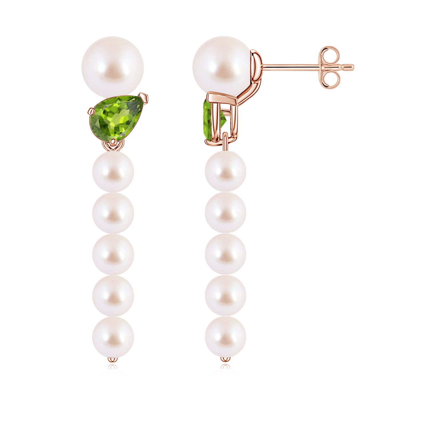 6mm AAA Akoya Pearl and Tilted Pear Peridot Dangle Earrings in 18K Rose Gold