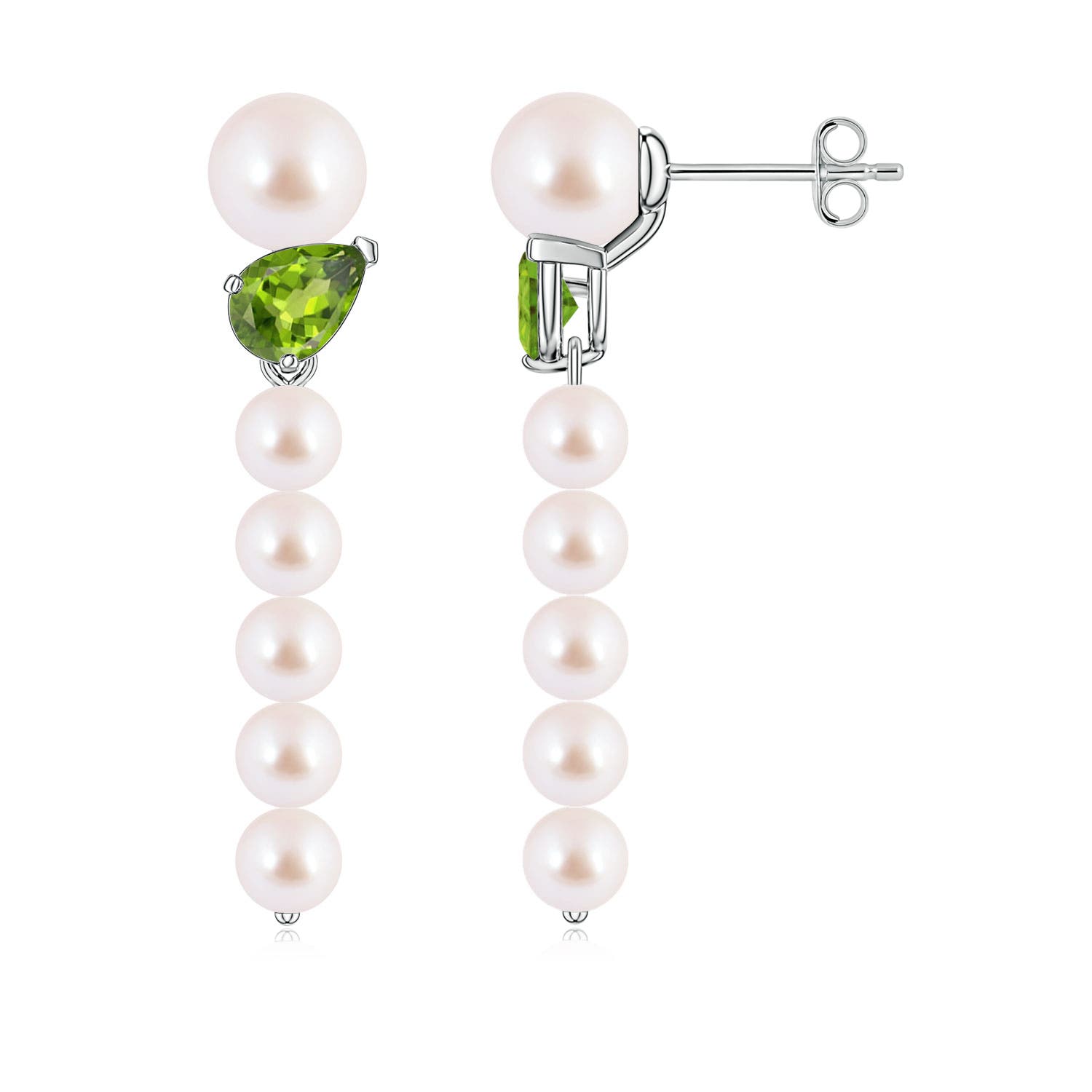 6mm AAA Akoya Pearl and Tilted Pear Peridot Dangle Earrings in White Gold