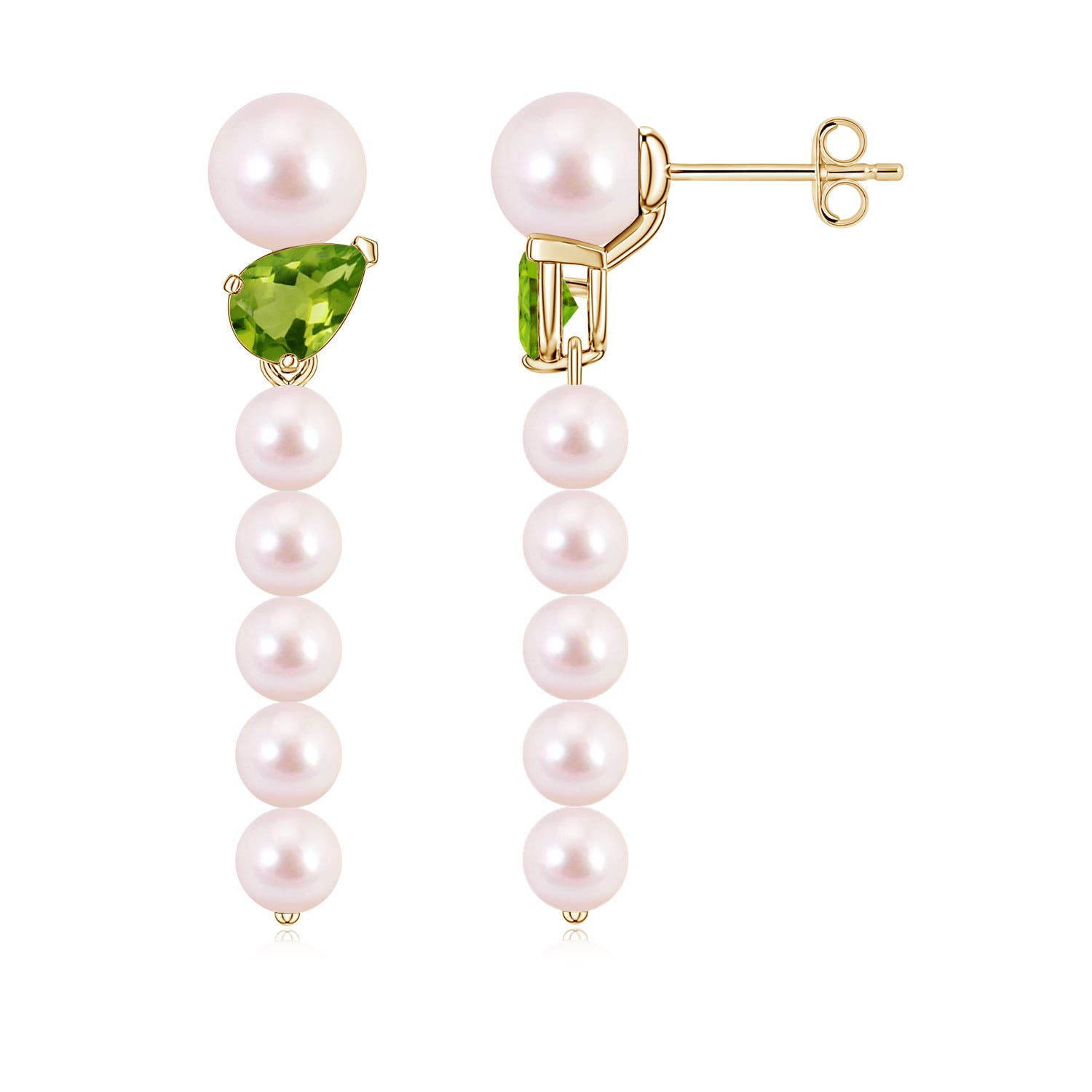 6mm AAAA Akoya Pearl and Tilted Pear Peridot Dangle Earrings in Yellow Gold