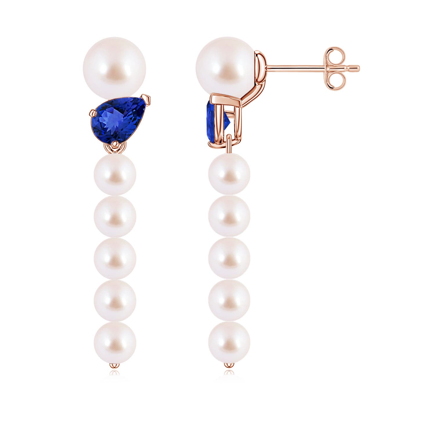 6mm AAA Akoya Pearl and Tilted Pear Tanzanite Dangle Earrings in Rose Gold