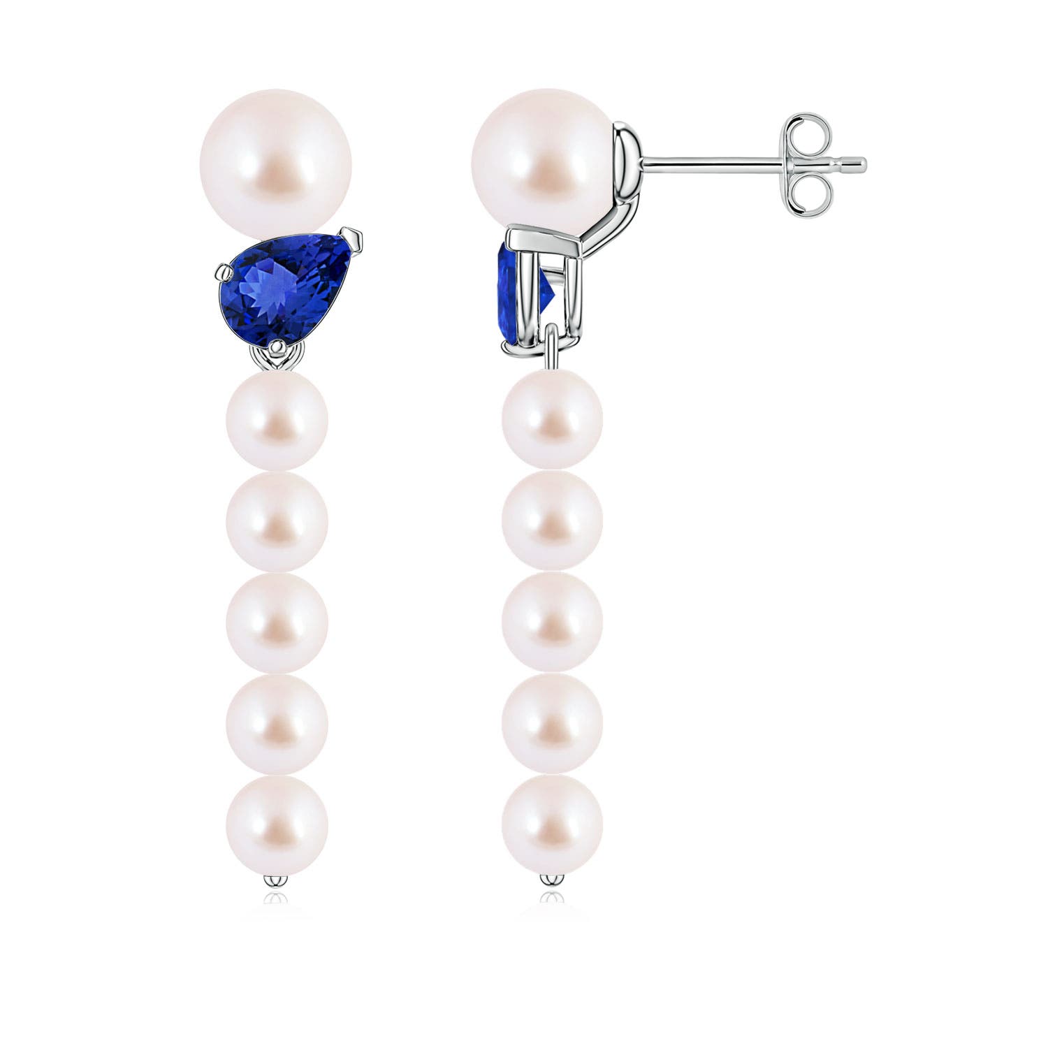 6mm AAA Akoya Pearl and Tilted Pear Tanzanite Dangle Earrings in White Gold