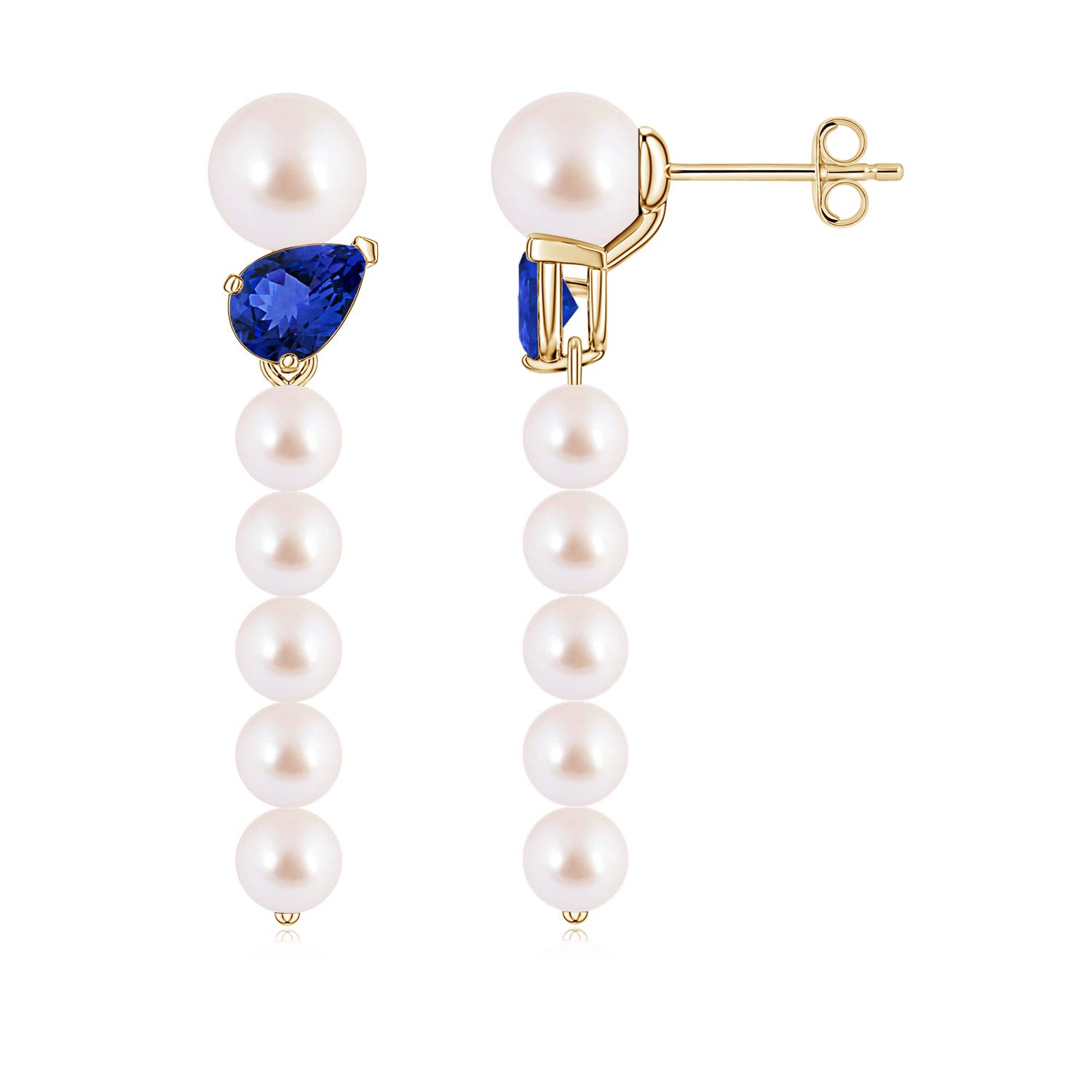 6mm AAA Akoya Pearl and Tilted Pear Tanzanite Dangle Earrings in Yellow Gold