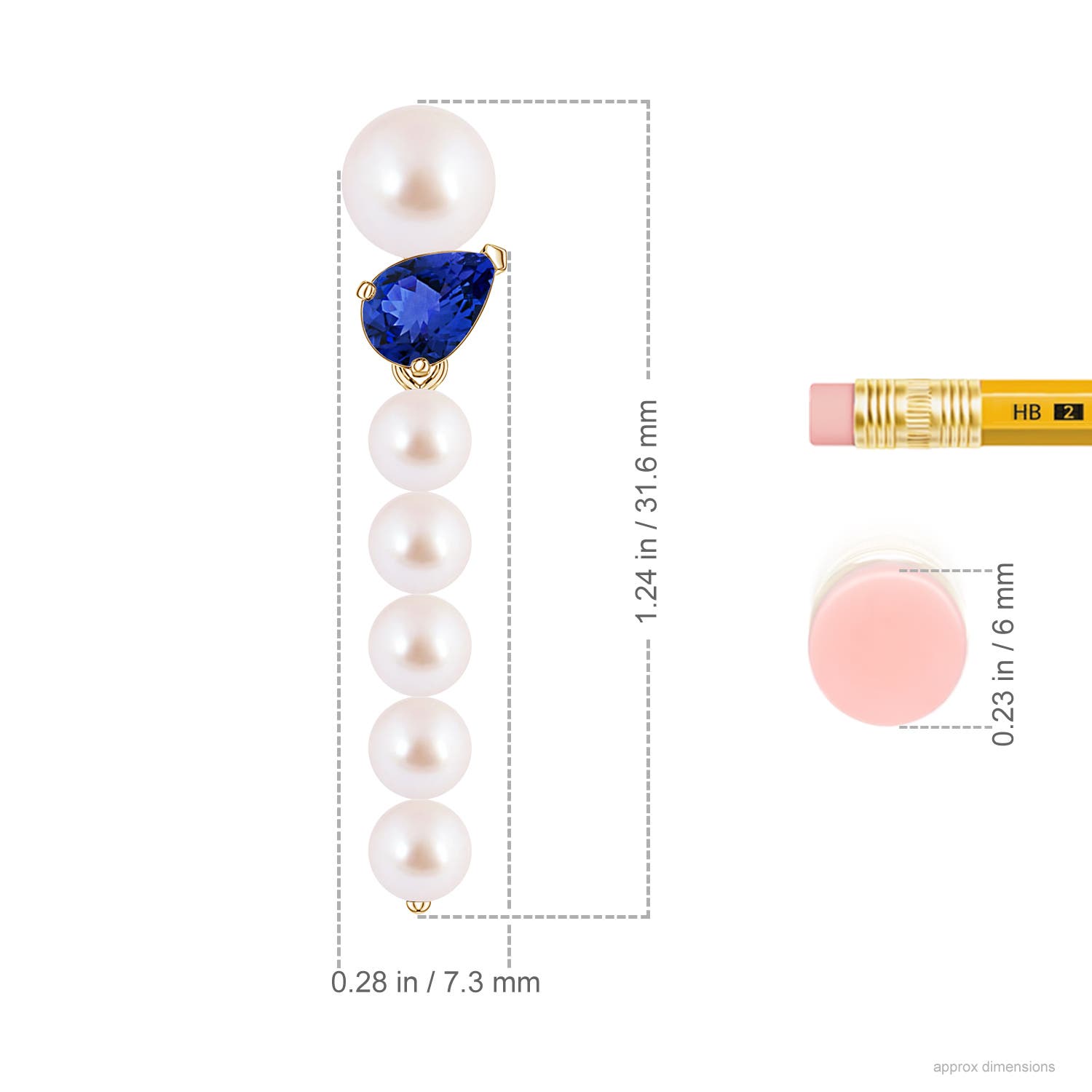 6mm AAA Akoya Pearl and Tilted Pear Tanzanite Dangle Earrings in Yellow Gold - ruler