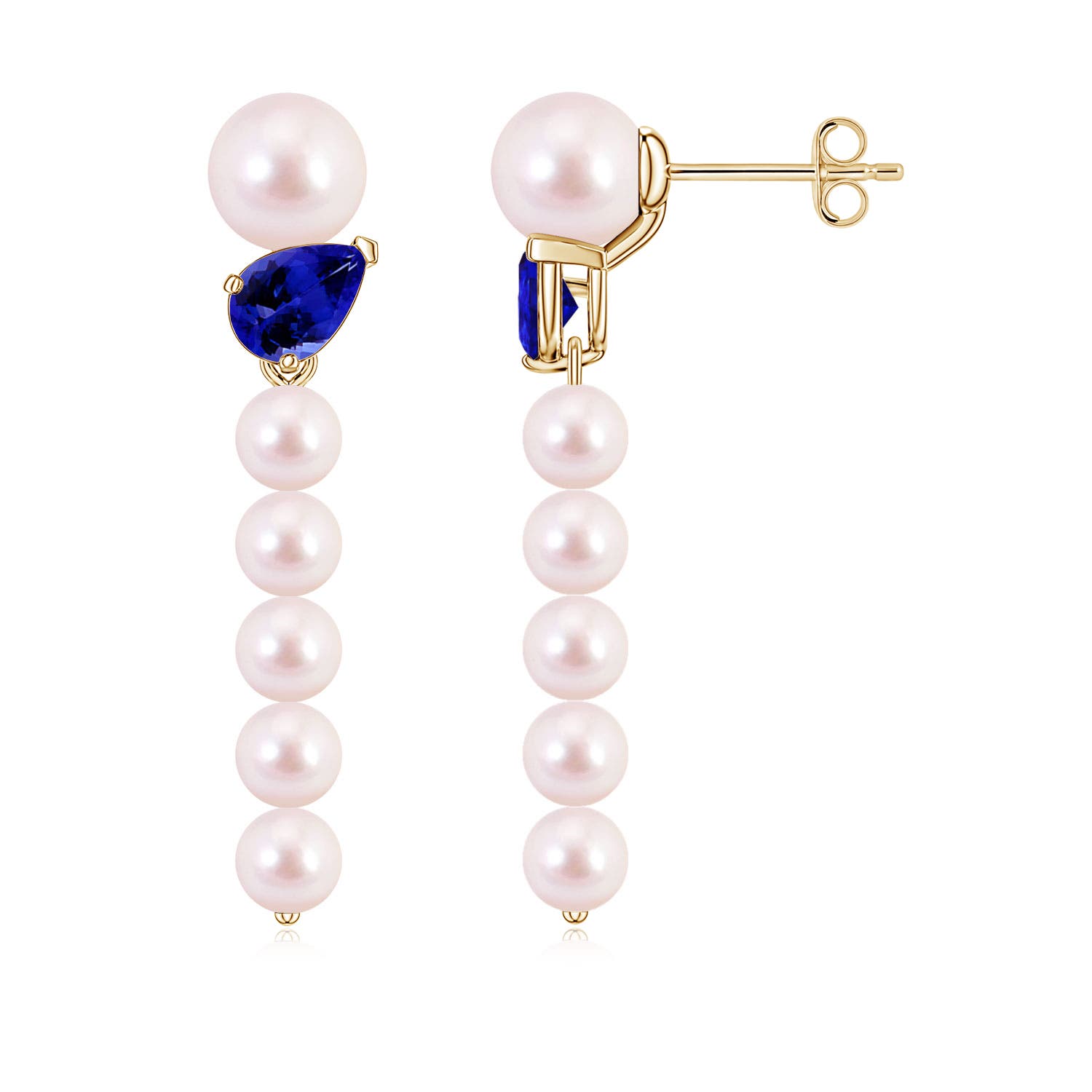 6mm AAAA Akoya Pearl and Tilted Pear Tanzanite Dangle Earrings in Yellow Gold