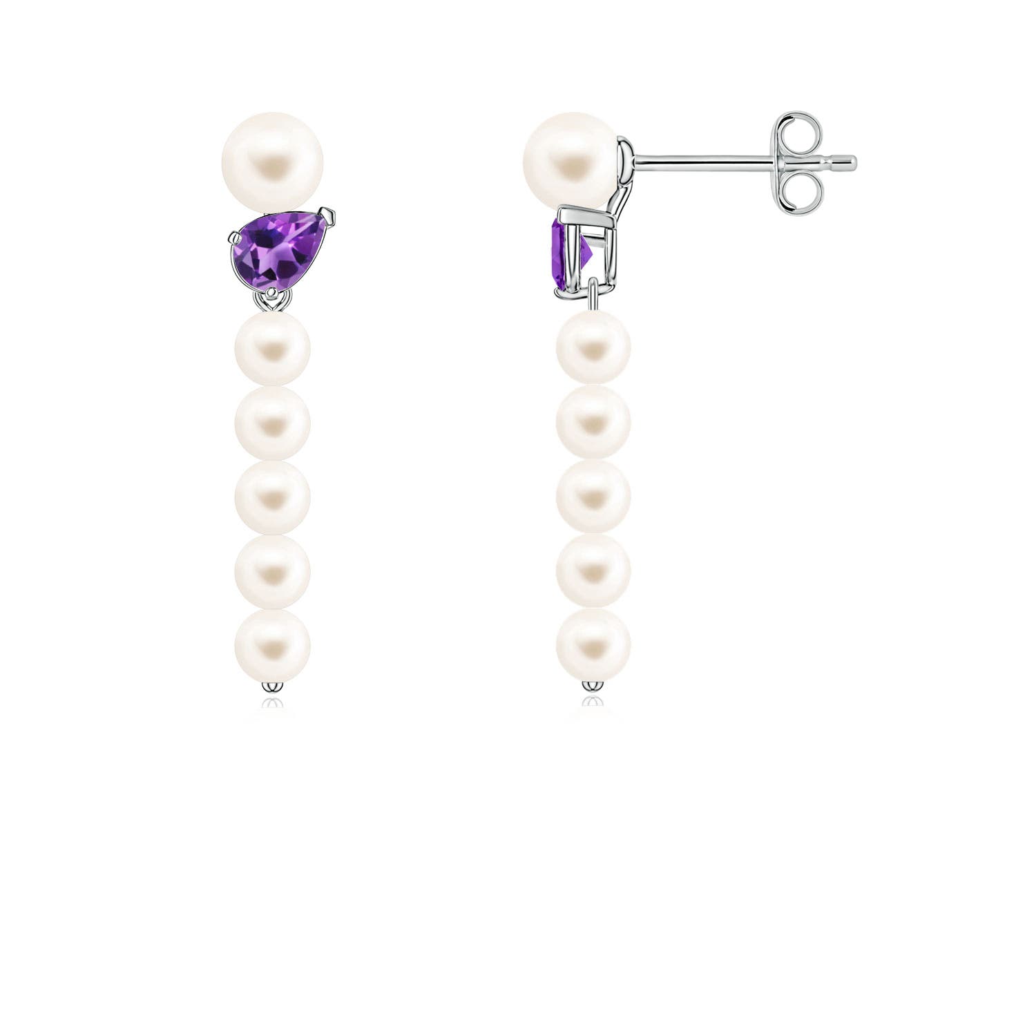 4mm AAA Freshwater Pearl and Tilted Pear Amethyst Dangle Earrings in White Gold