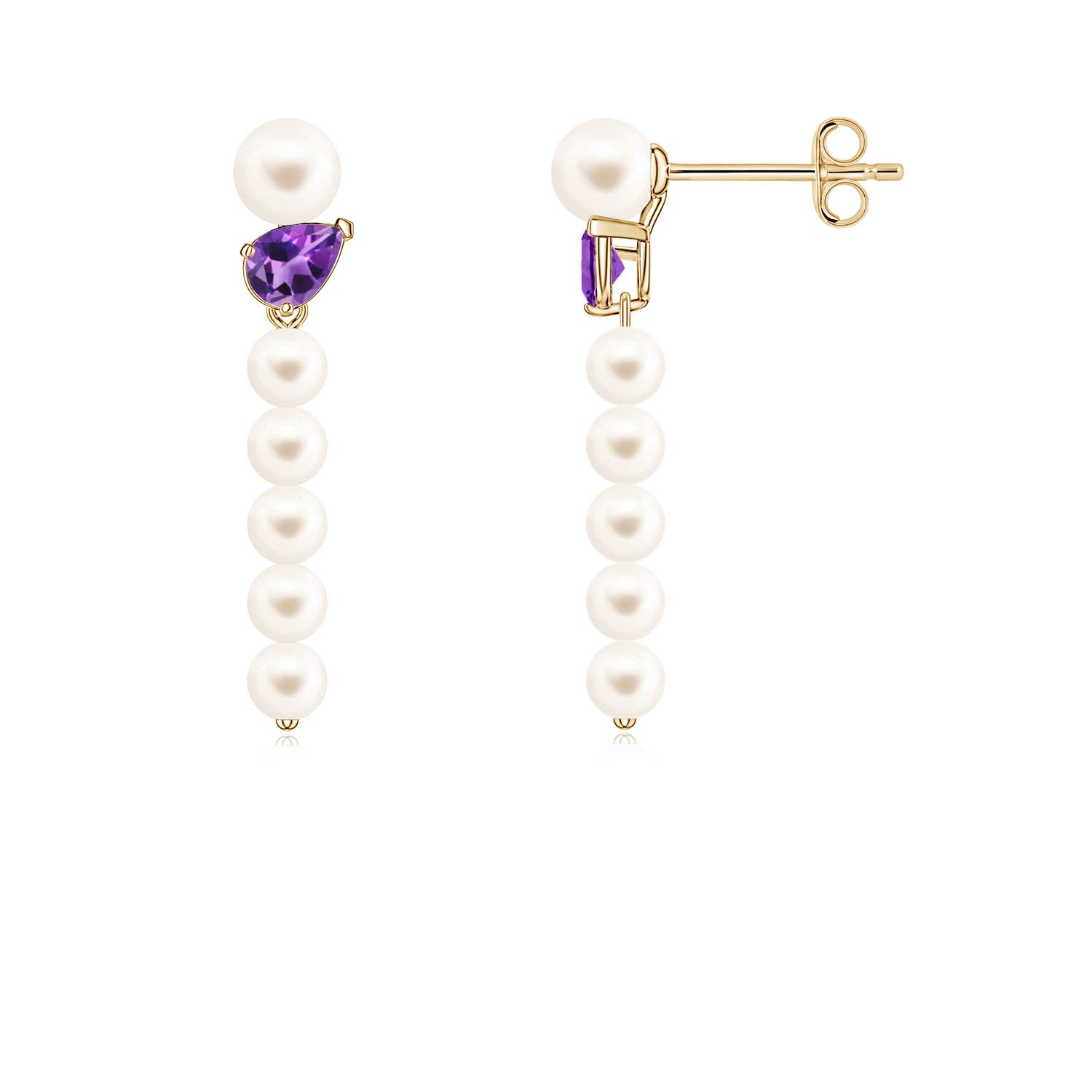 4mm AAA Freshwater Pearl and Tilted Pear Amethyst Dangle Earrings in Yellow Gold