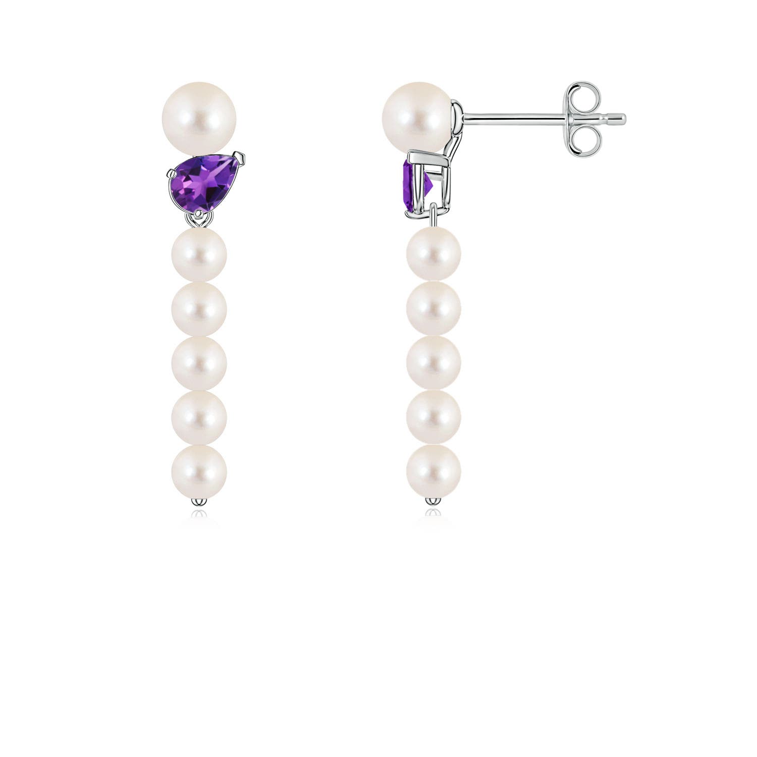 4mm AAAA Freshwater Pearl and Tilted Pear Amethyst Dangle Earrings in White Gold