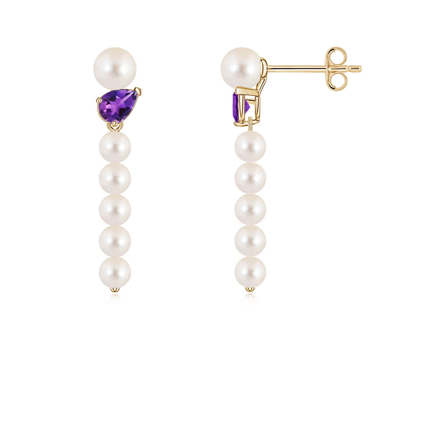 4mm AAAA Freshwater Pearl and Tilted Pear Amethyst Dangle Earrings in Yellow Gold