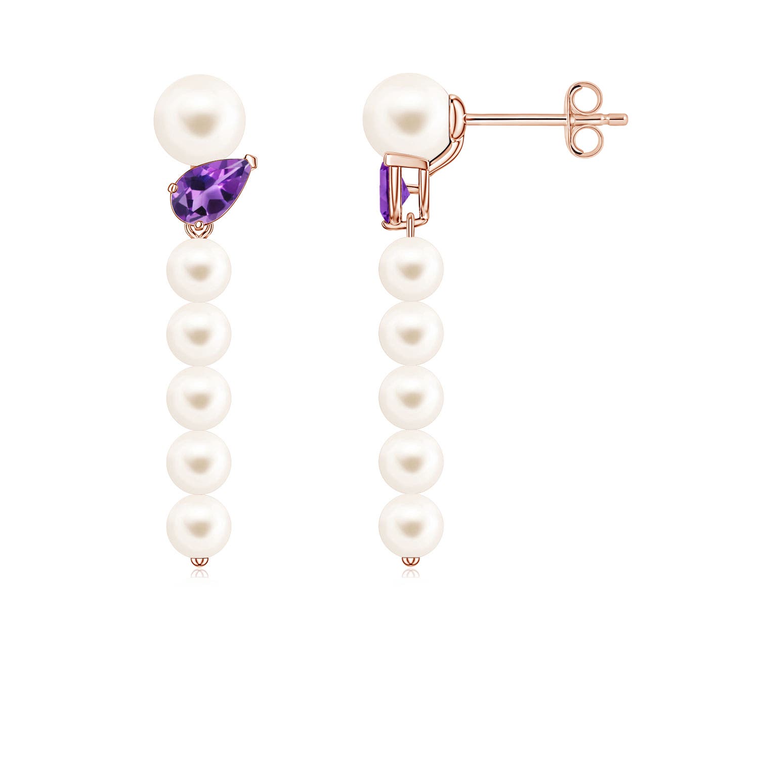 5mm AAA Freshwater Pearl and Tilted Pear Amethyst Dangle Earrings in 18K Rose Gold