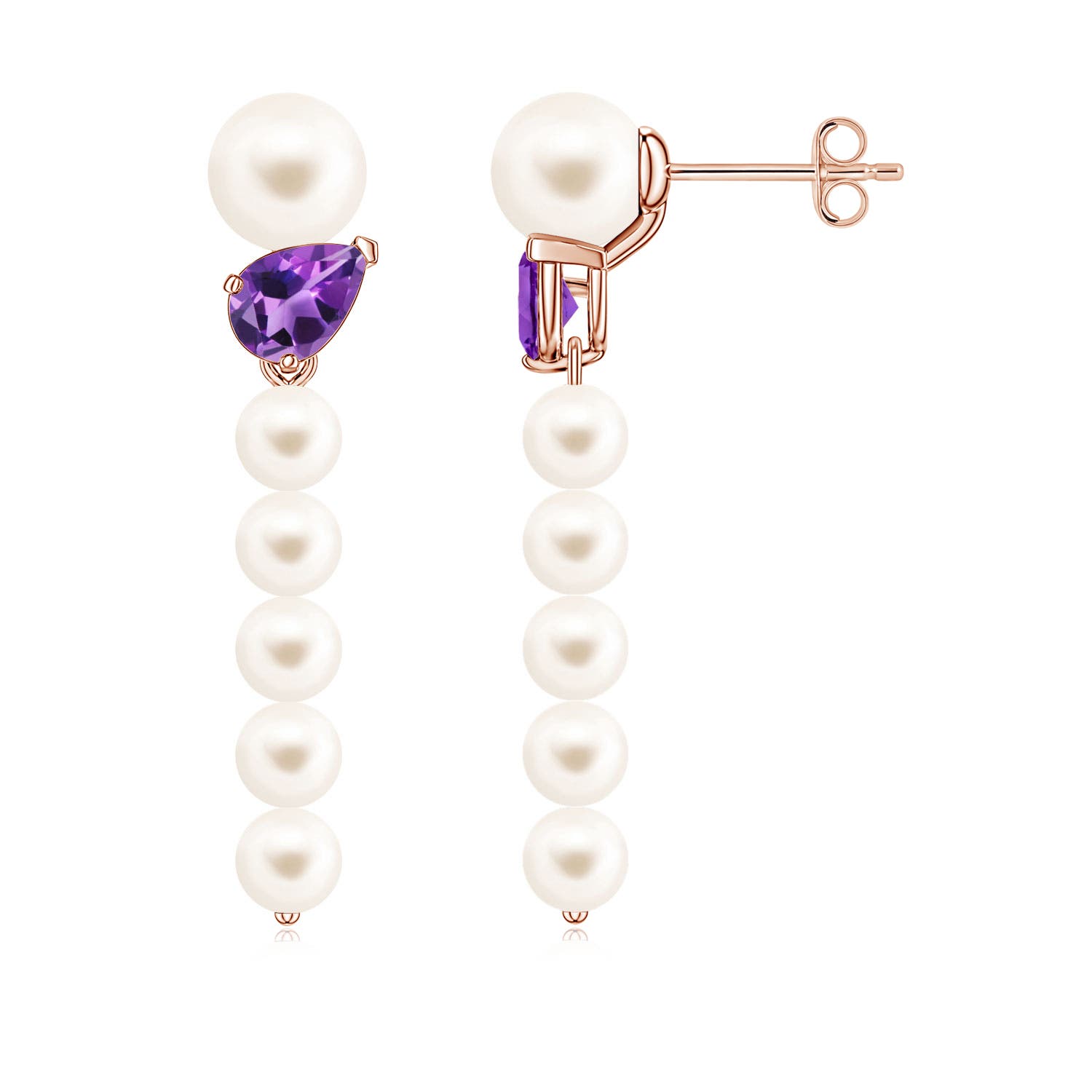6mm AAA Freshwater Pearl and Tilted Pear Amethyst Dangle Earrings in 18K Rose Gold