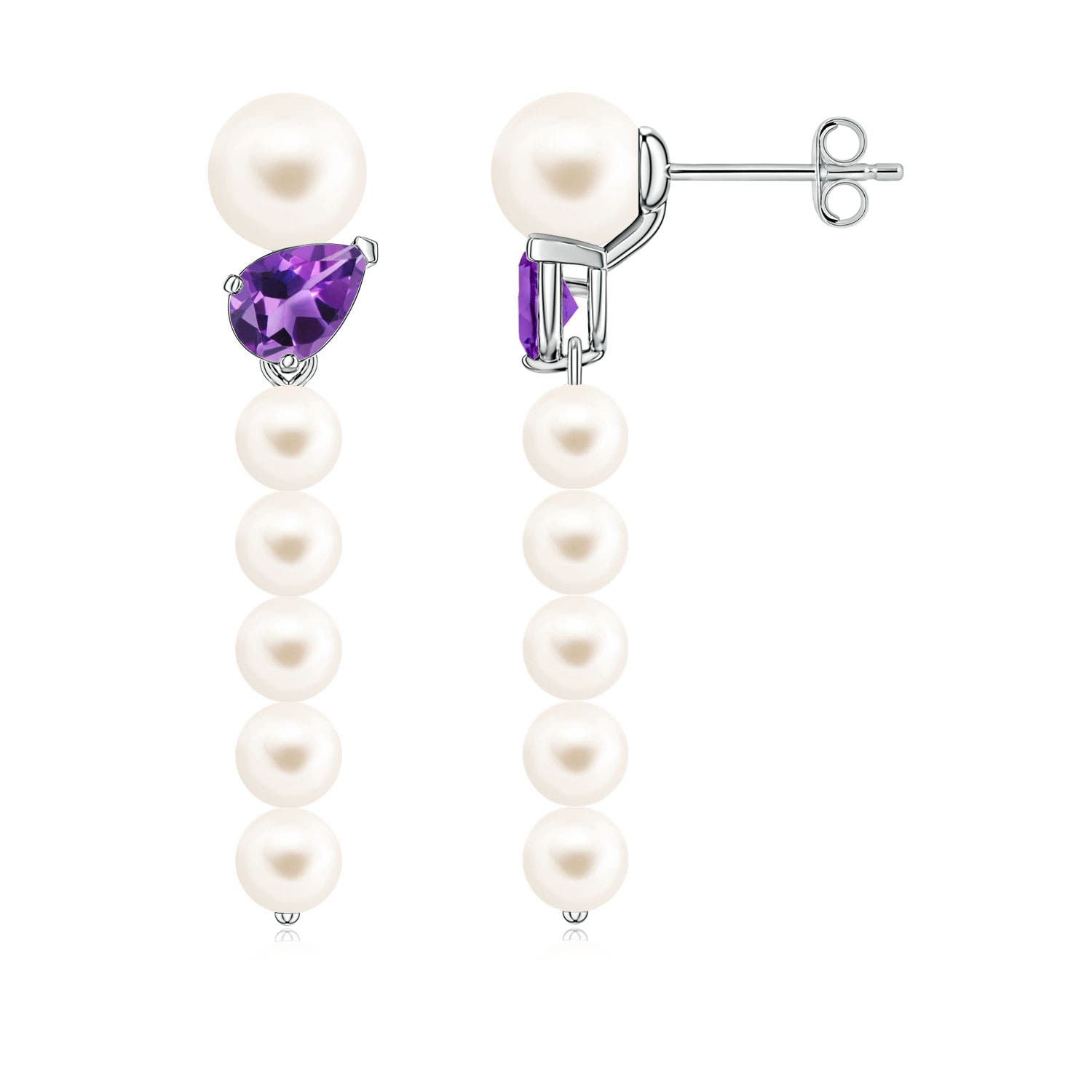 6mm AAA Freshwater Pearl and Tilted Pear Amethyst Dangle Earrings in White Gold