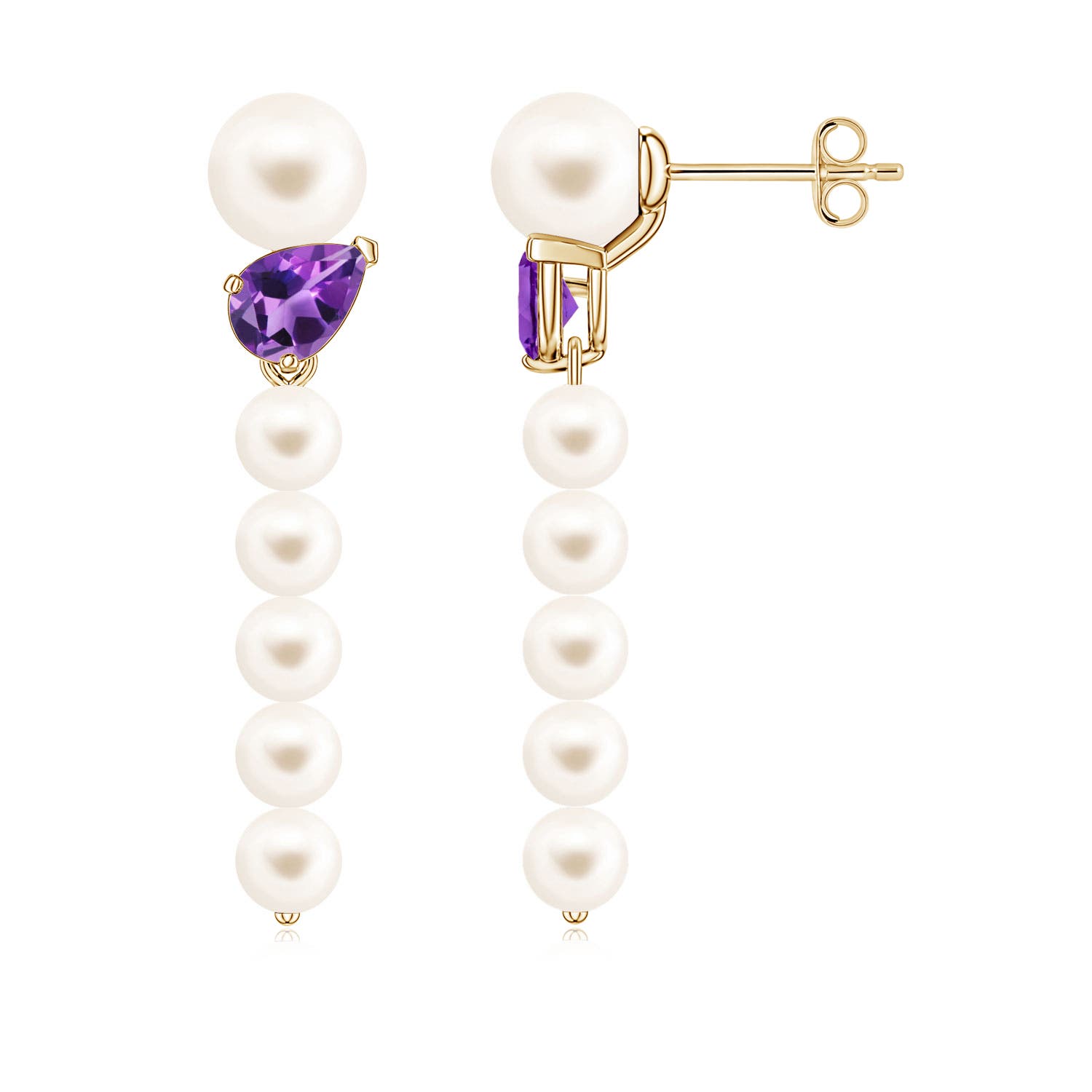 6mm AAA Freshwater Pearl and Tilted Pear Amethyst Dangle Earrings in Yellow Gold