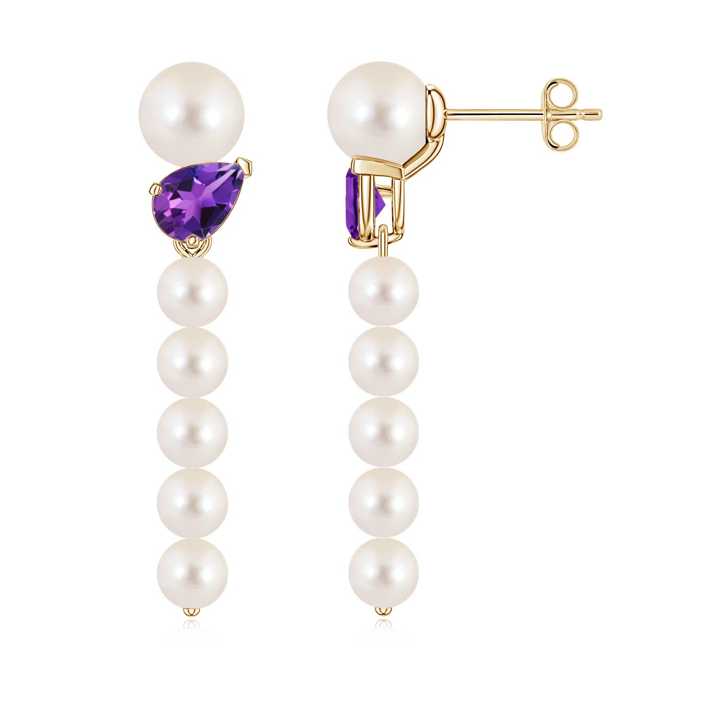 6mm AAAA Freshwater Pearl and Tilted Pear Amethyst Dangle Earrings in 18CT Yellow Gold