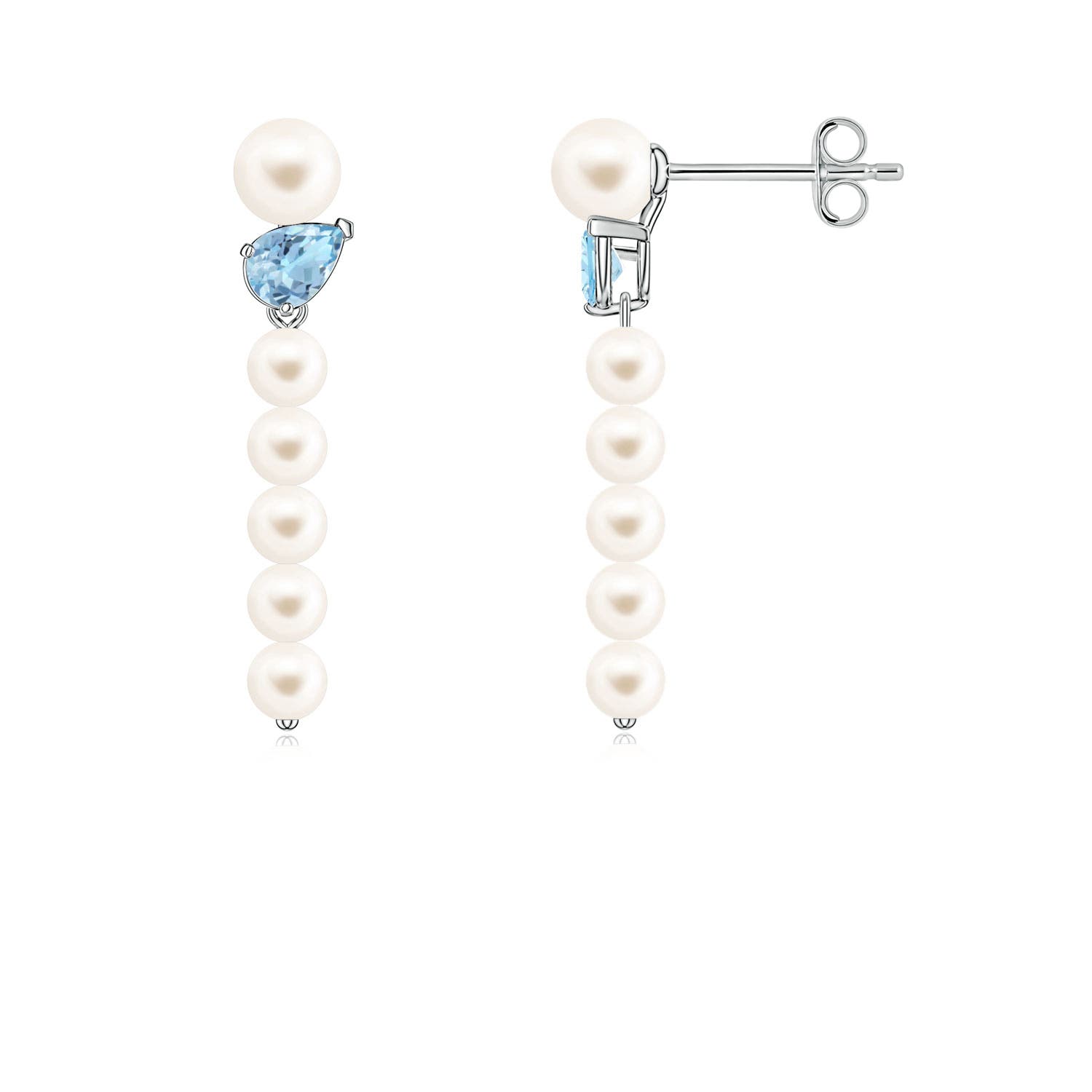 4mm AAA Freshwater Pearl and Tilted Pear Aquamarine Dangle Earrings in White Gold