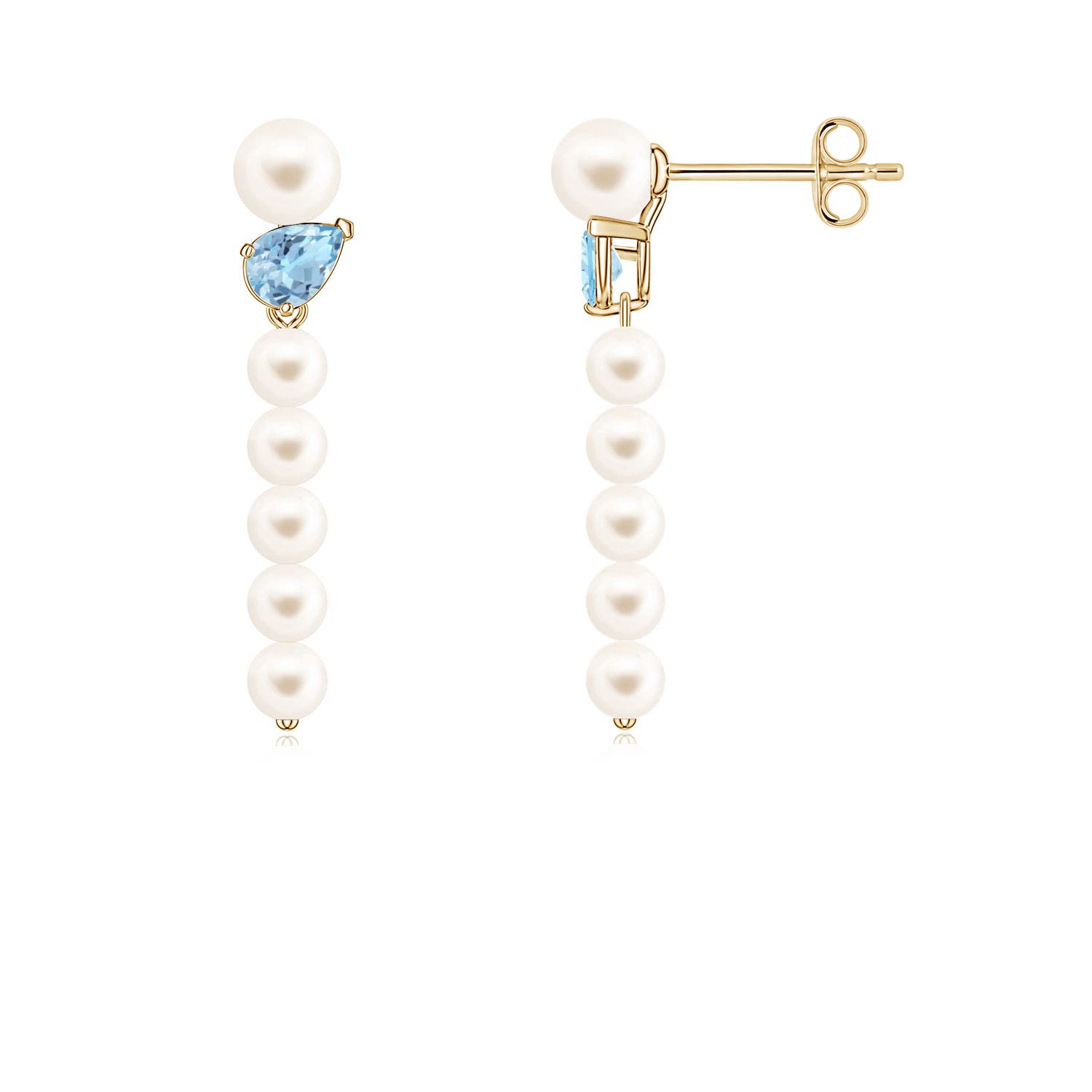 4mm AAA Freshwater Pearl and Tilted Pear Aquamarine Dangle Earrings in Yellow Gold