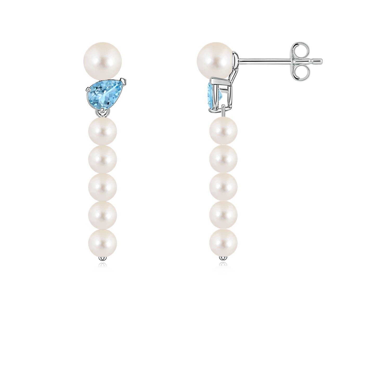 4mm AAAA Freshwater Pearl and Tilted Pear Aquamarine Dangle Earrings in White Gold