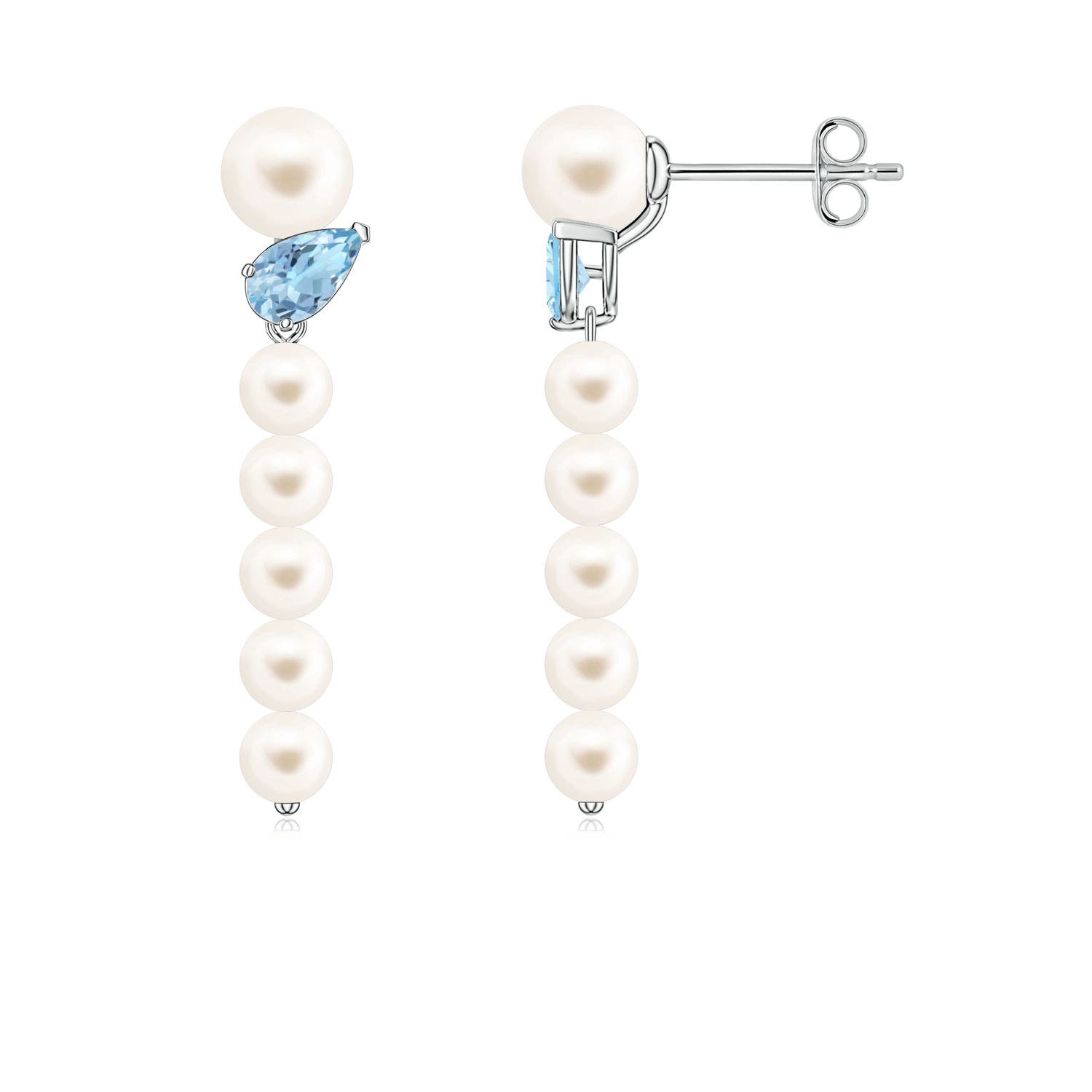 5mm AAA Freshwater Pearl and Tilted Pear Aquamarine Dangle Earrings in 18CT White Gold