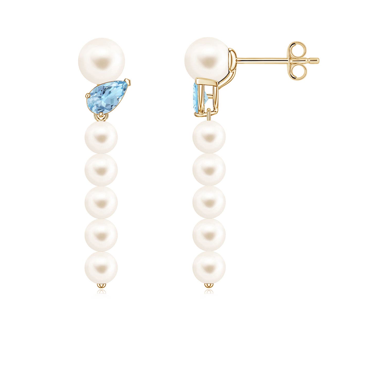 5mm AAA Freshwater Pearl and Tilted Pear Aquamarine Dangle Earrings in Yellow Gold
