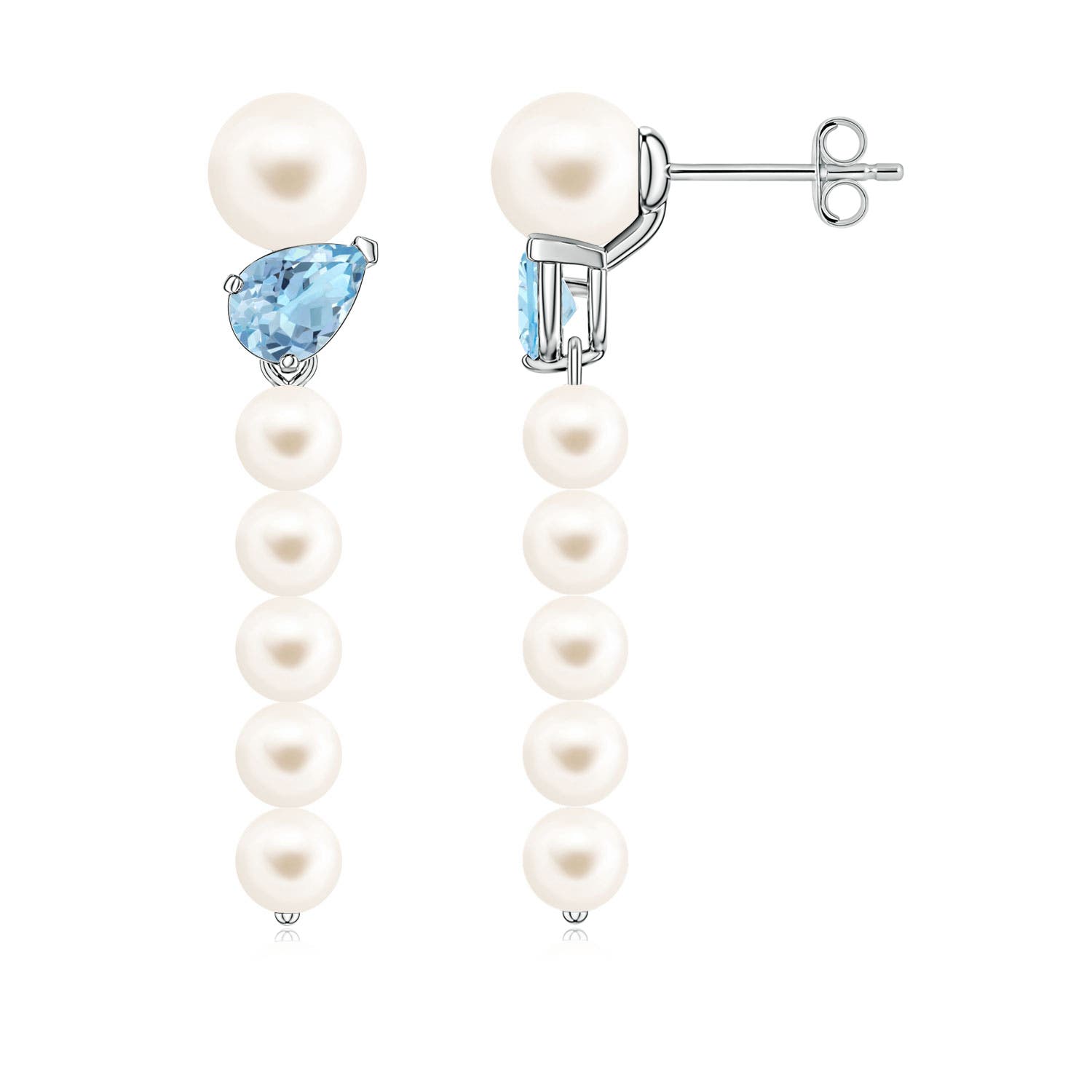 6mm AAA Freshwater Pearl and Tilted Pear Aquamarine Dangle Earrings in 18CT White Gold