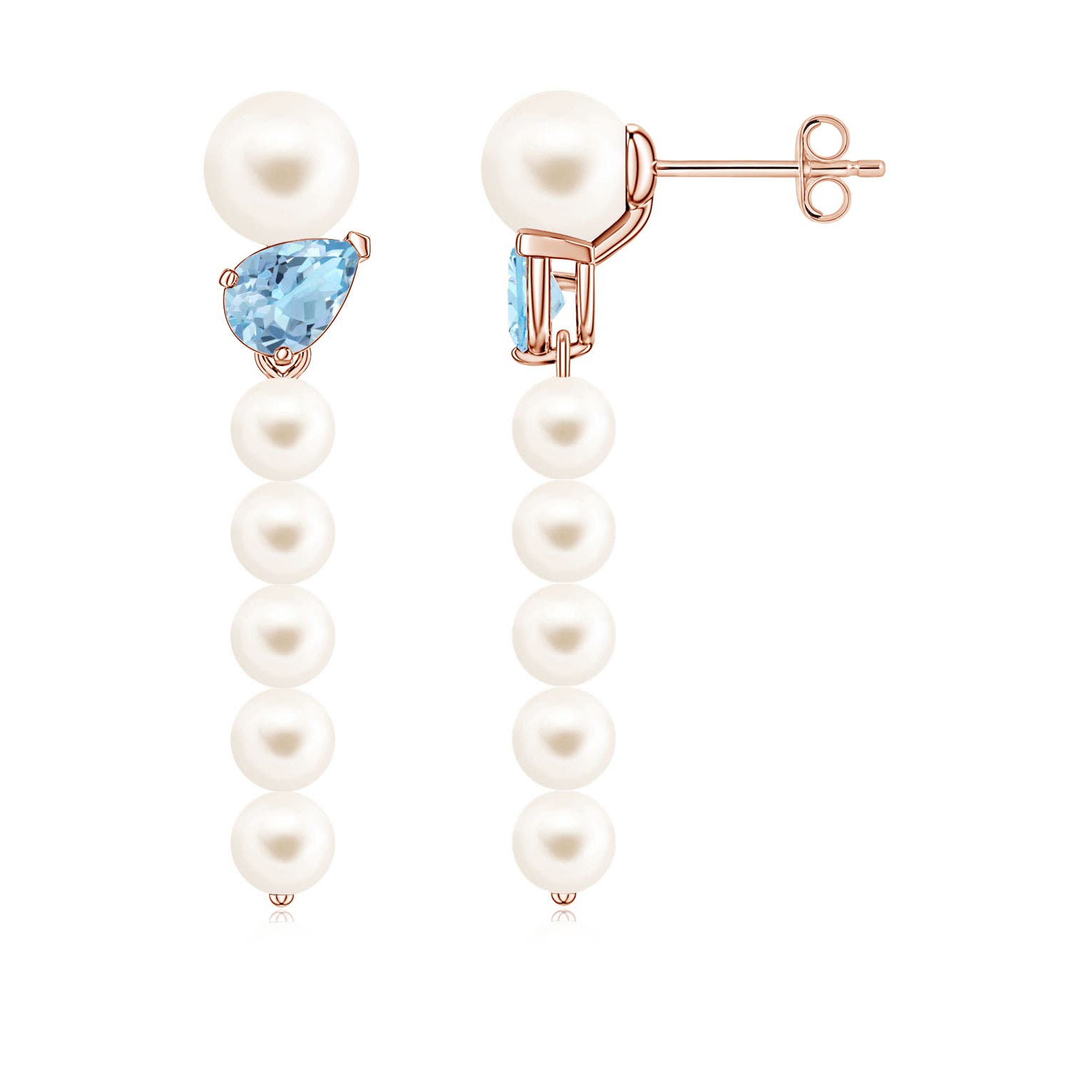 6mm AAA Freshwater Pearl and Tilted Pear Aquamarine Dangle Earrings in Rose Gold