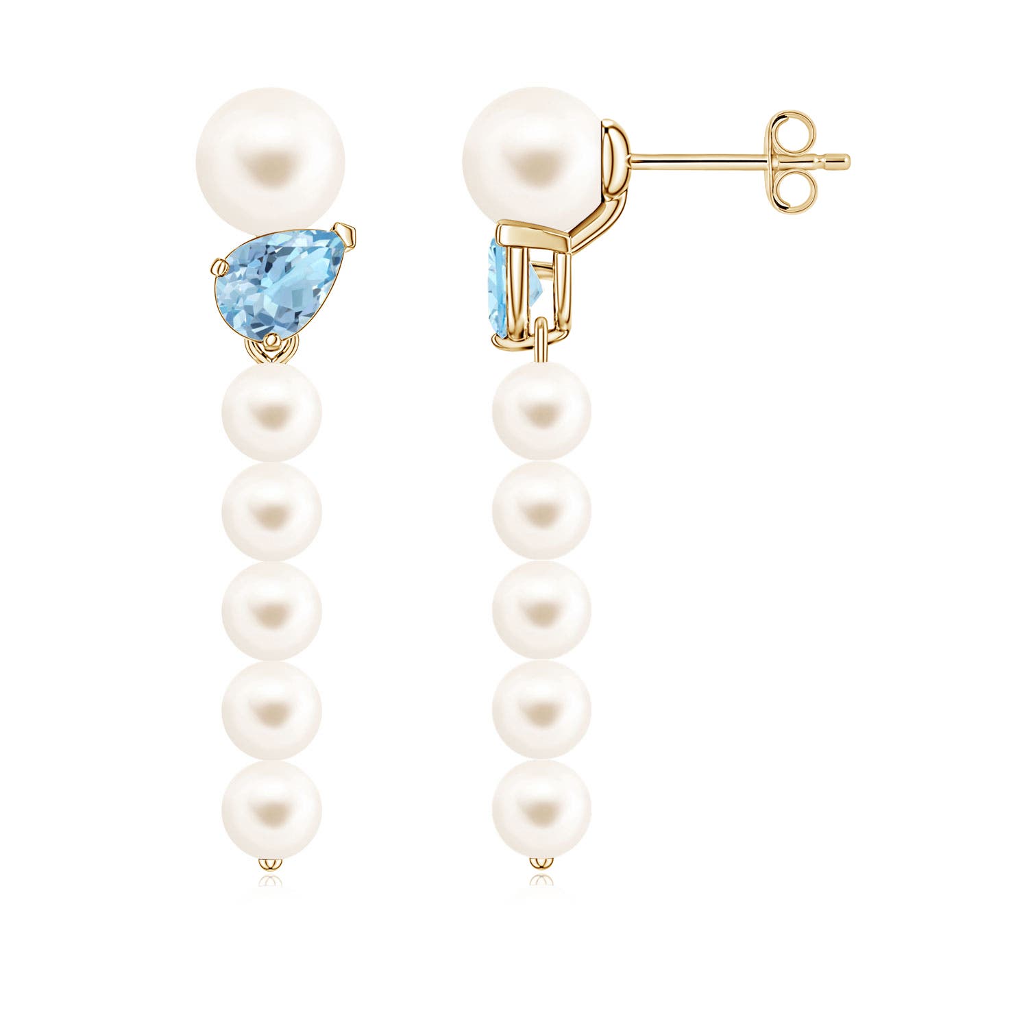 6mm AAA Freshwater Pearl and Tilted Pear Aquamarine Dangle Earrings in Yellow Gold