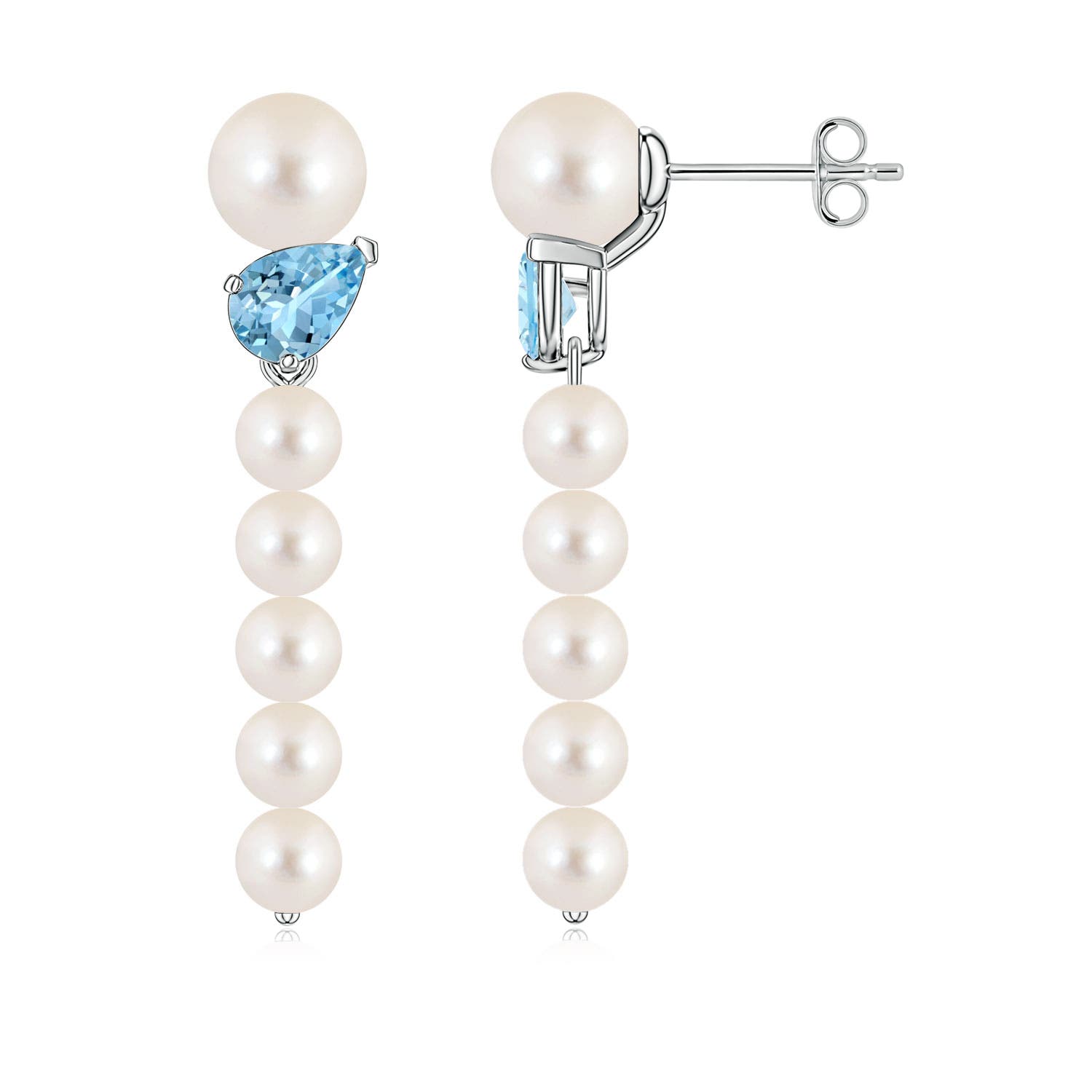 6mm AAAA Freshwater Pearl and Tilted Pear Aquamarine Dangle Earrings in 18K White Gold