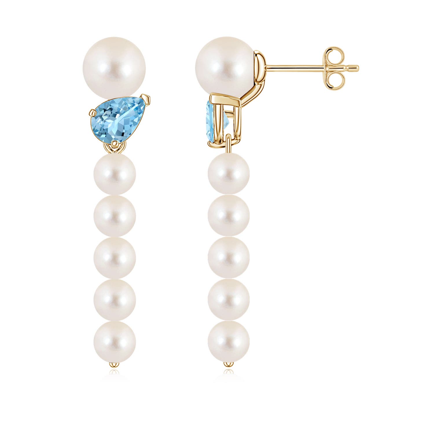 6mm AAAA Freshwater Pearl and Tilted Pear Aquamarine Dangle Earrings in 18CT Yellow Gold