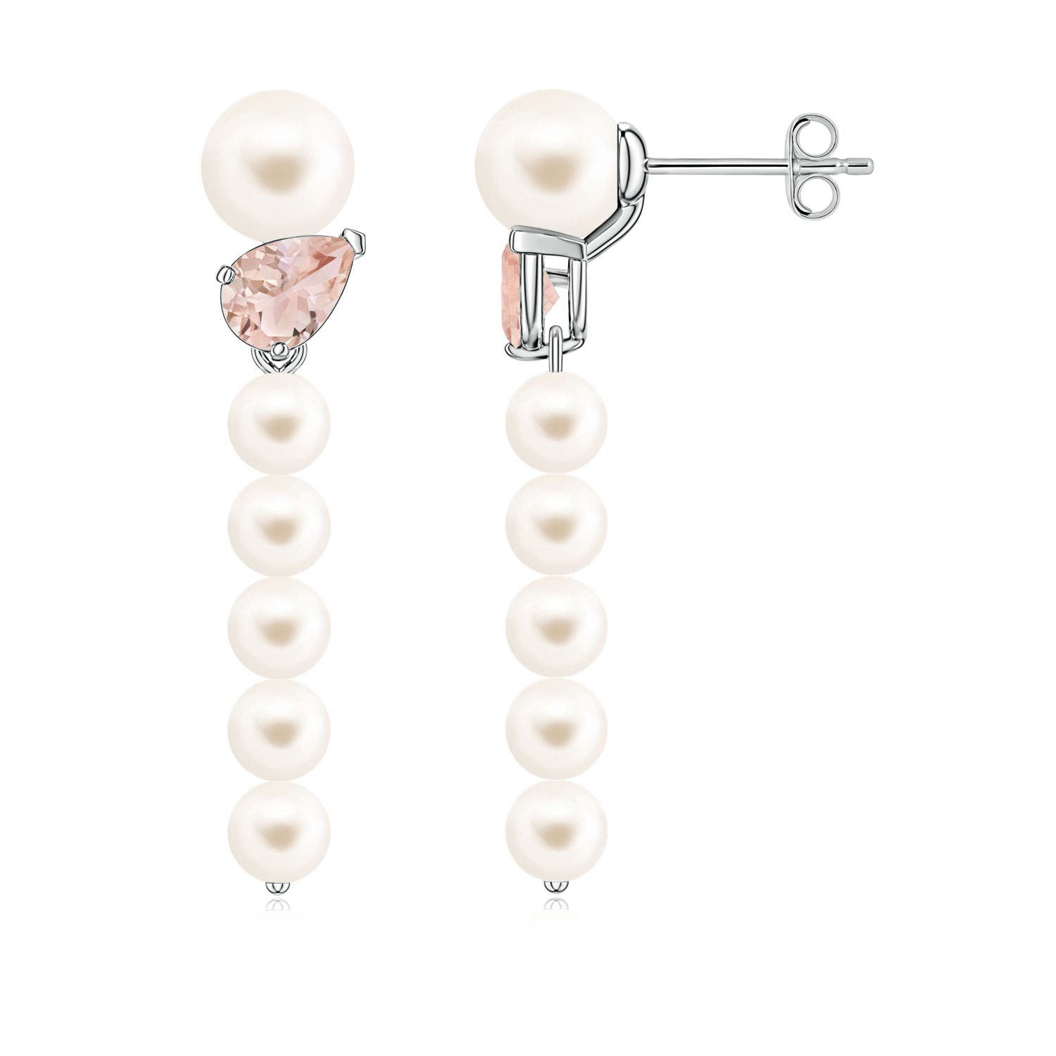 6mm AAA Freshwater Pearl and Tilted Pear Morganite Dangle Earrings in 18CT White Gold