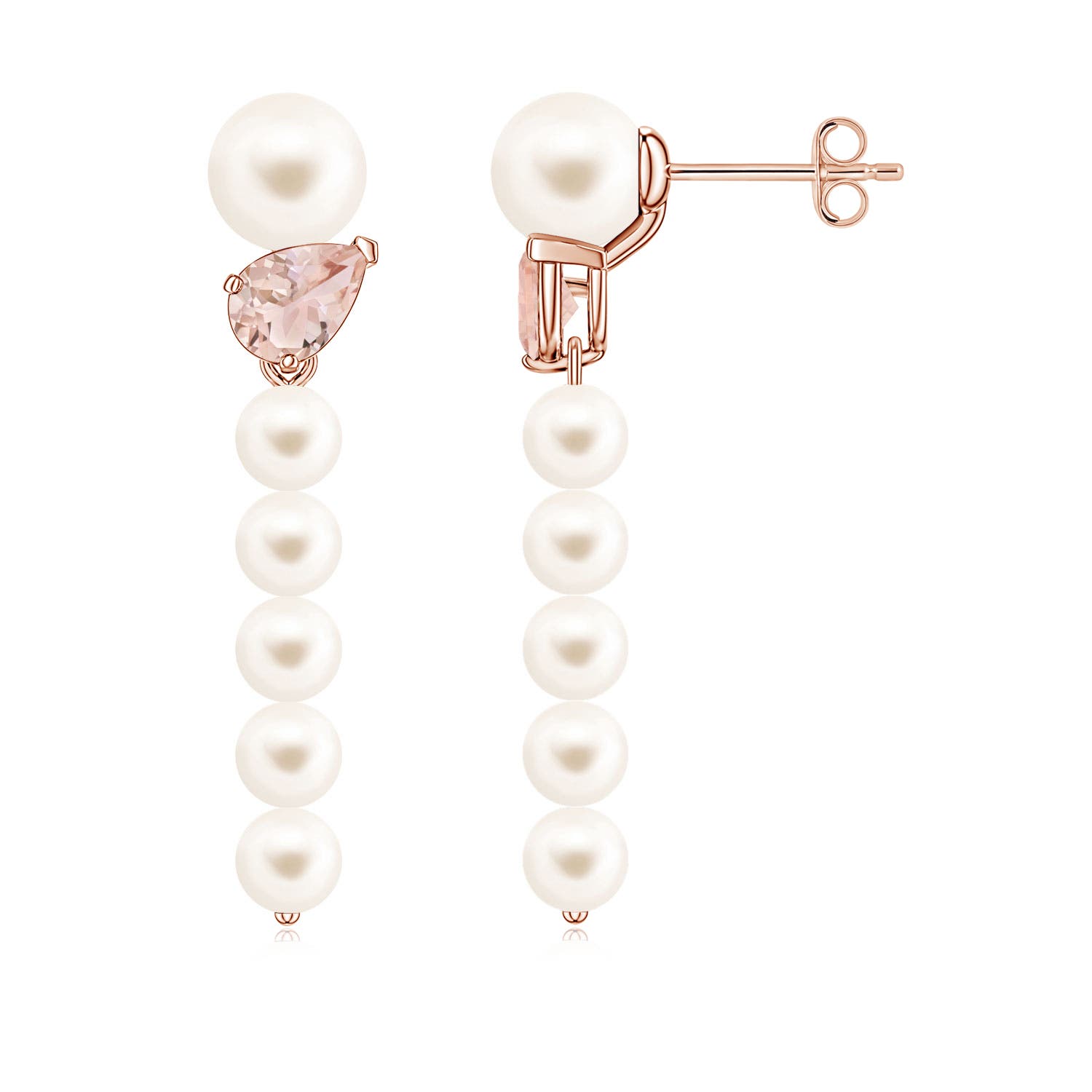 6mm AAA Freshwater Pearl and Tilted Pear Morganite Dangle Earrings in Rose Gold