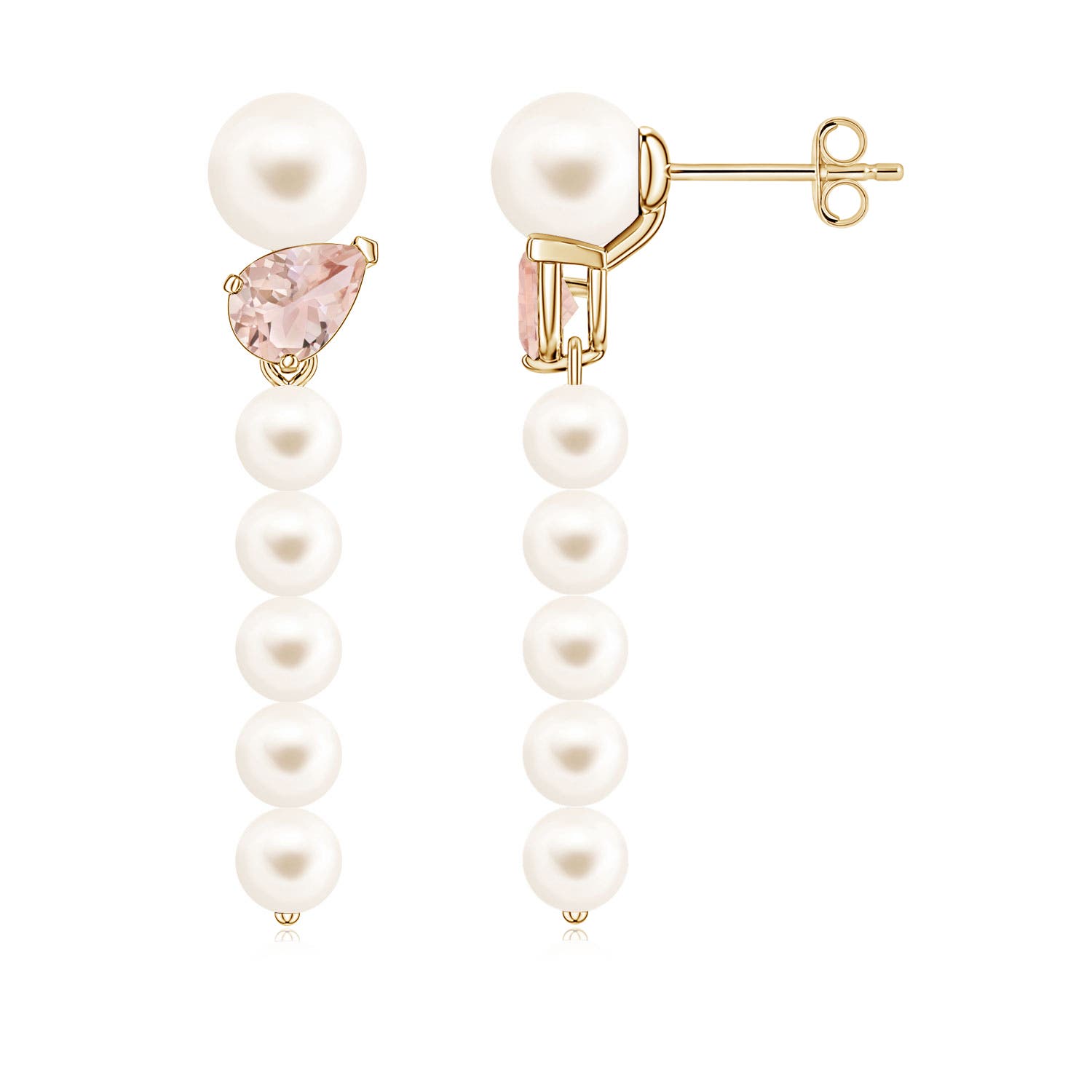 6mm AAA Freshwater Pearl and Tilted Pear Morganite Dangle Earrings in Yellow Gold
