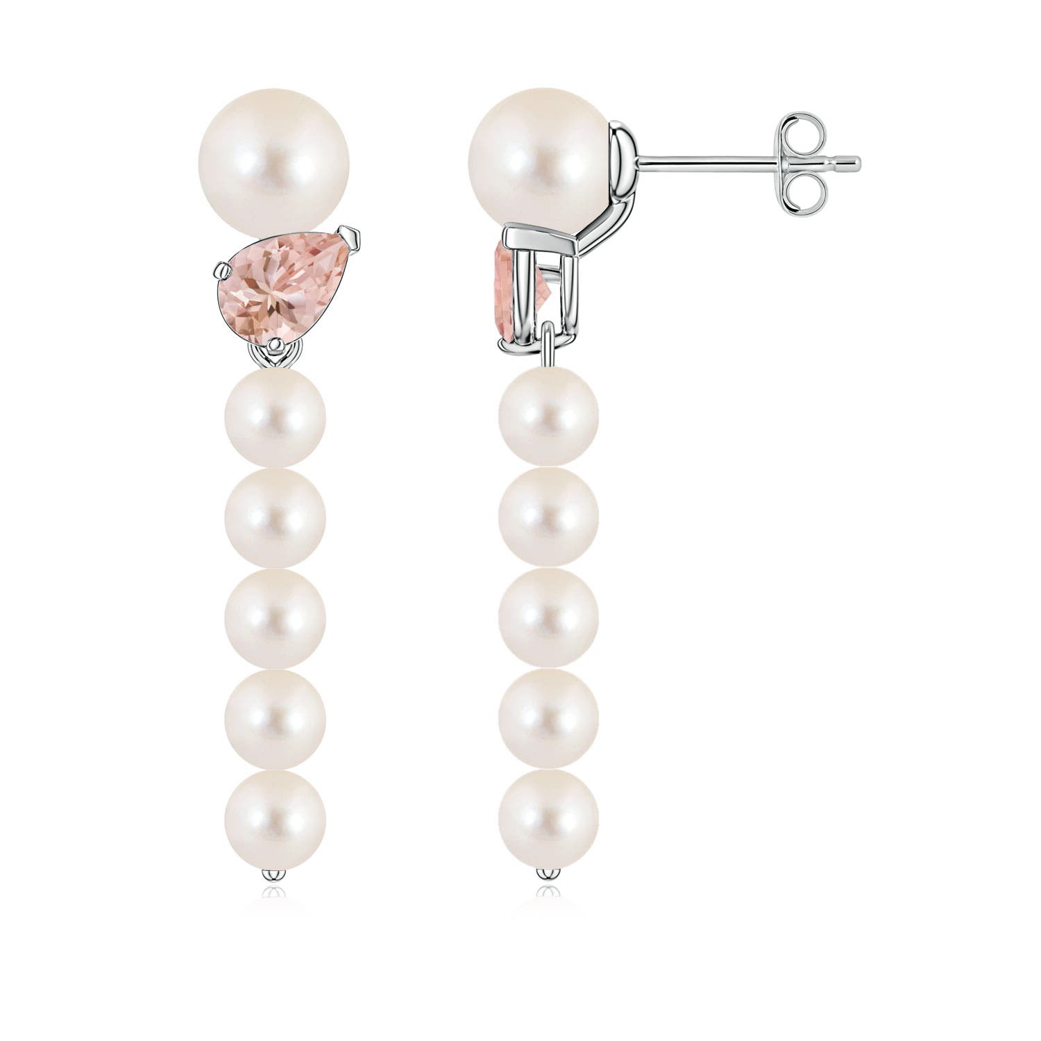 6mm AAAA Freshwater Pearl and Tilted Pear Morganite Dangle Earrings in White Gold
