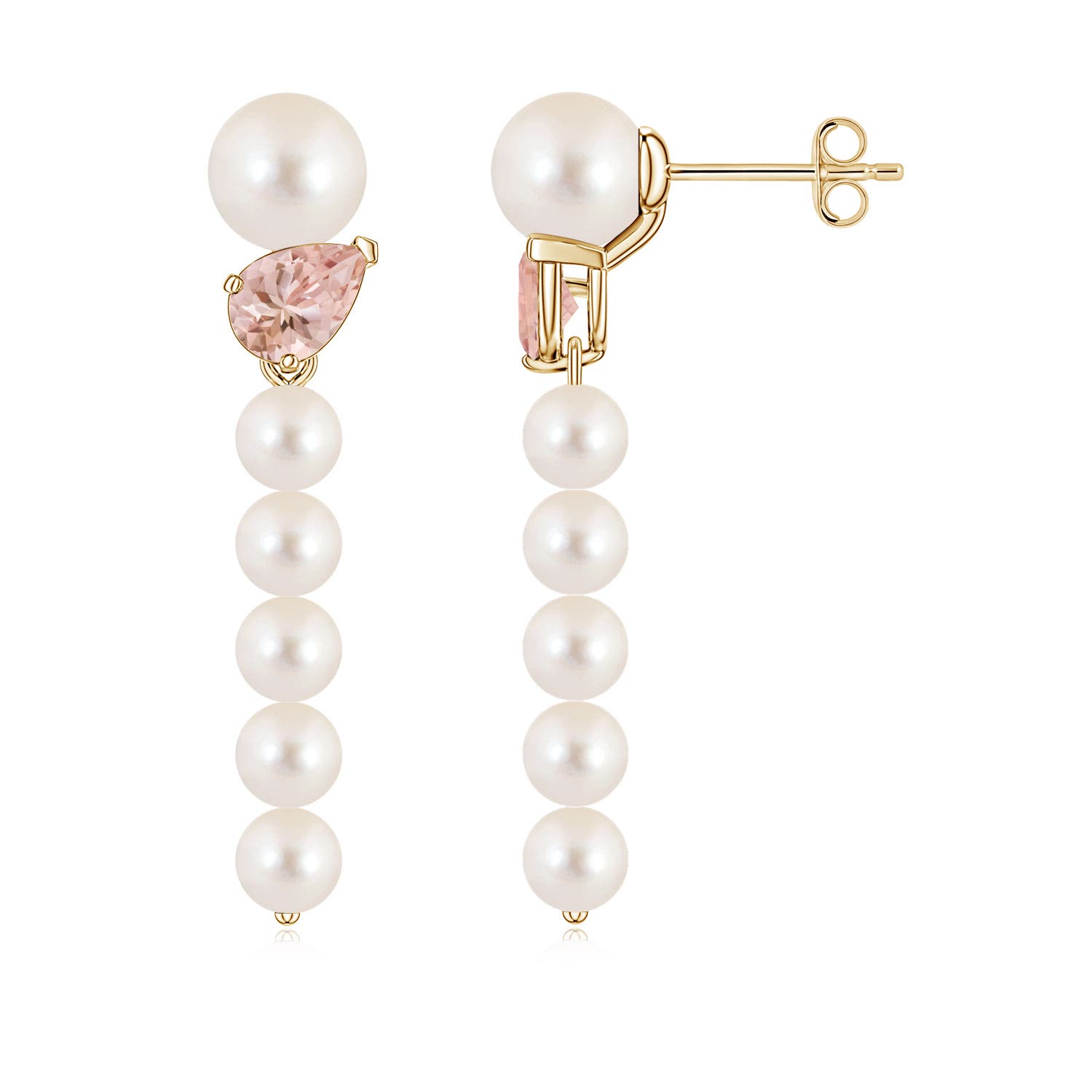 6mm AAAA Freshwater Pearl and Tilted Pear Morganite Dangle Earrings in Yellow Gold