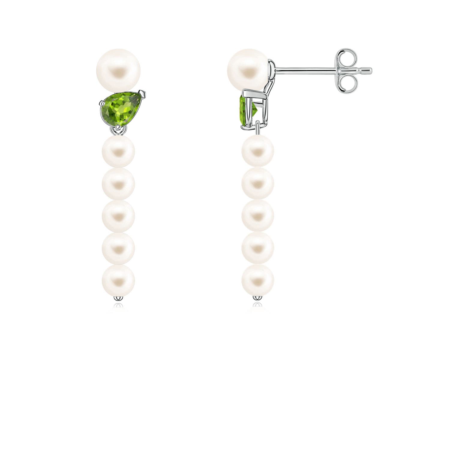 4mm AAA Freshwater Pearl and Tilted Pear Peridot Dangle Earrings in White Gold