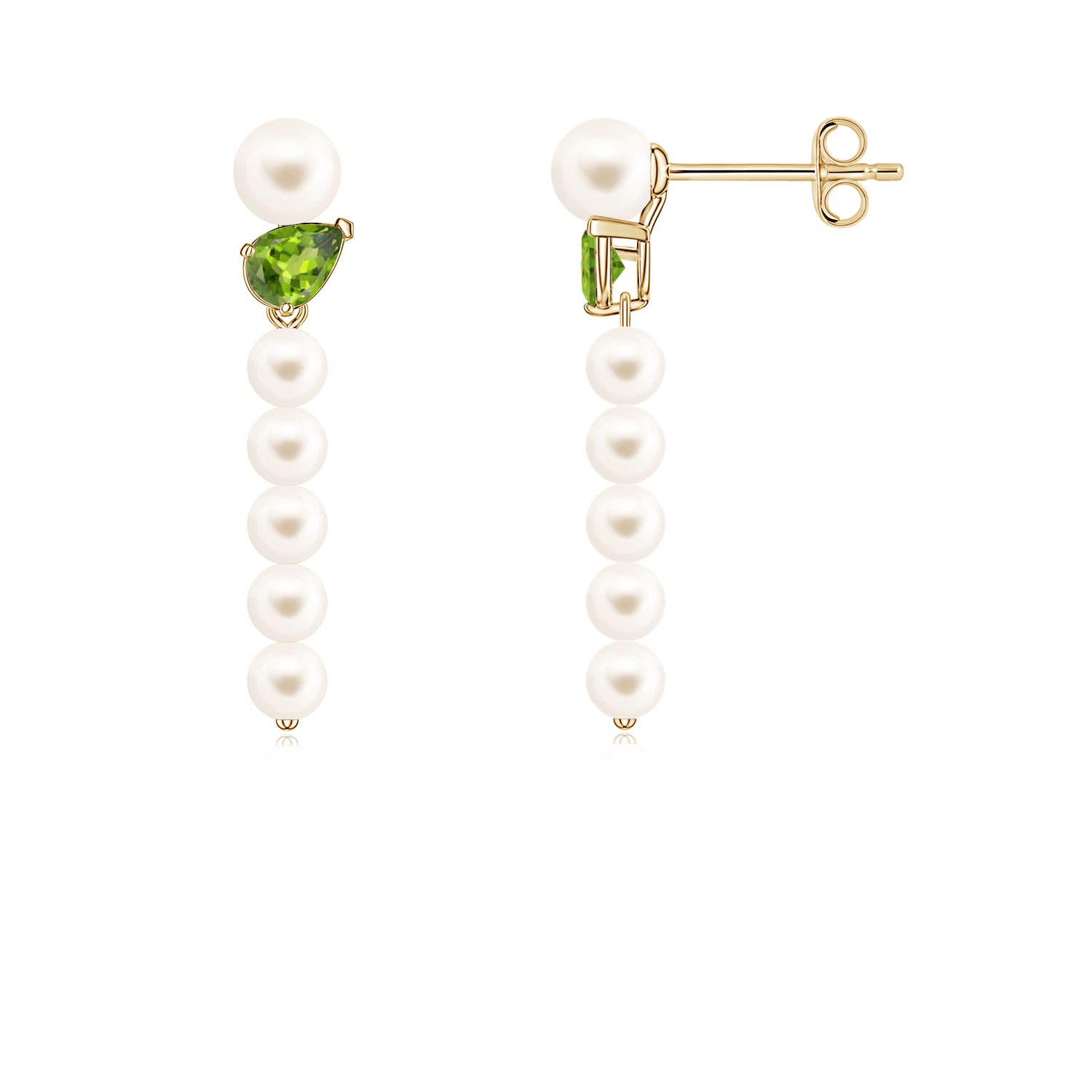 4mm AAA Freshwater Pearl and Tilted Pear Peridot Dangle Earrings in Yellow Gold