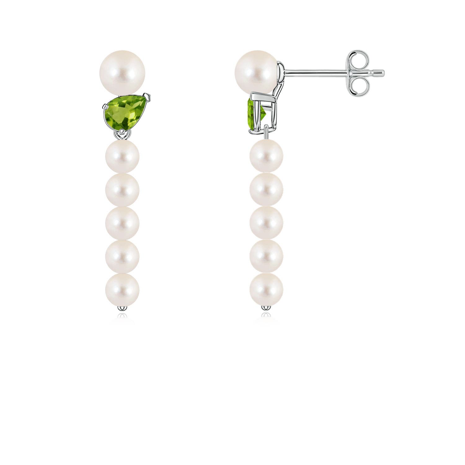 4mm AAAA Freshwater Pearl and Tilted Pear Peridot Dangle Earrings in White Gold