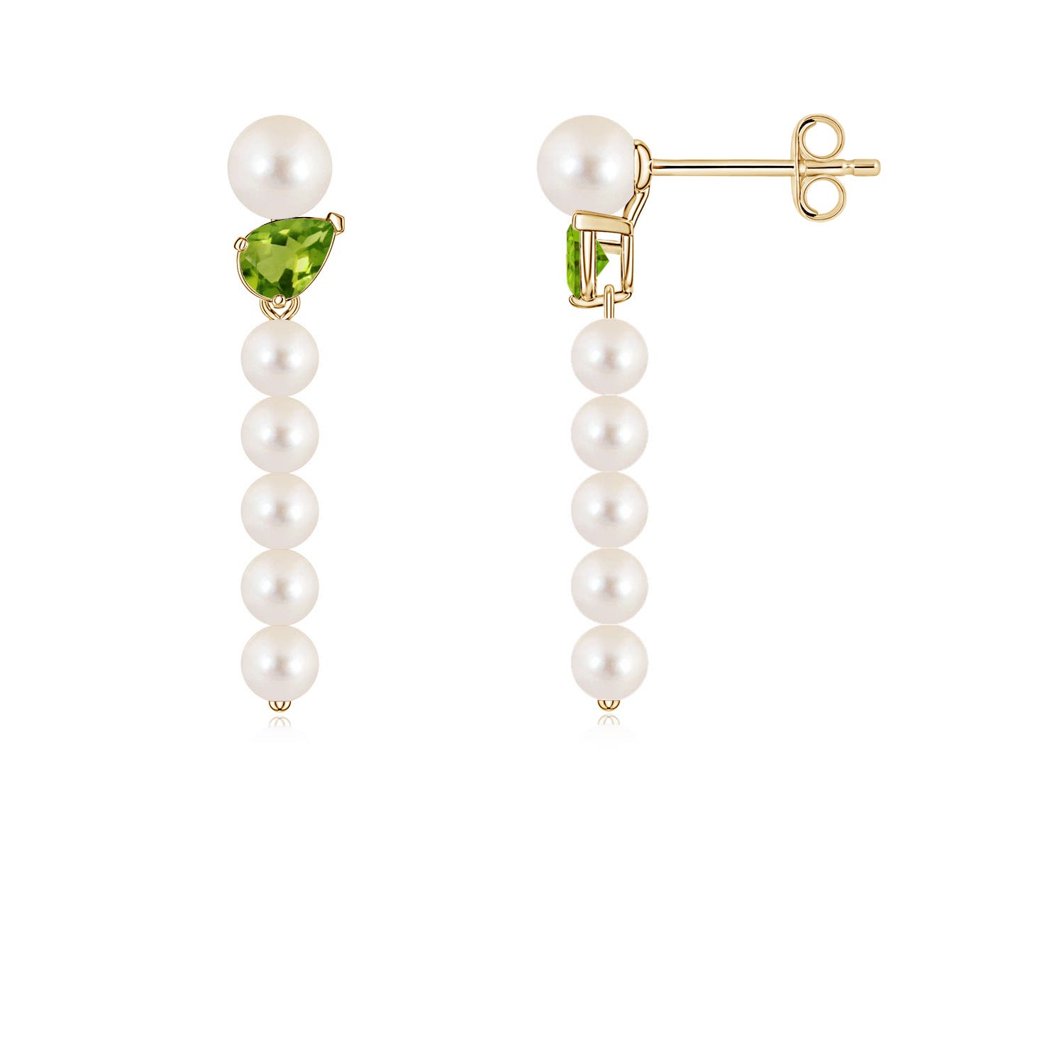 4mm AAAA Freshwater Pearl and Tilted Pear Peridot Dangle Earrings in Yellow Gold