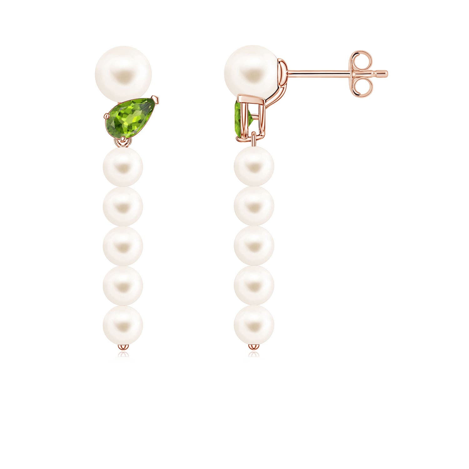 5mm AAA Freshwater Pearl and Tilted Pear Peridot Dangle Earrings in 18K Rose Gold